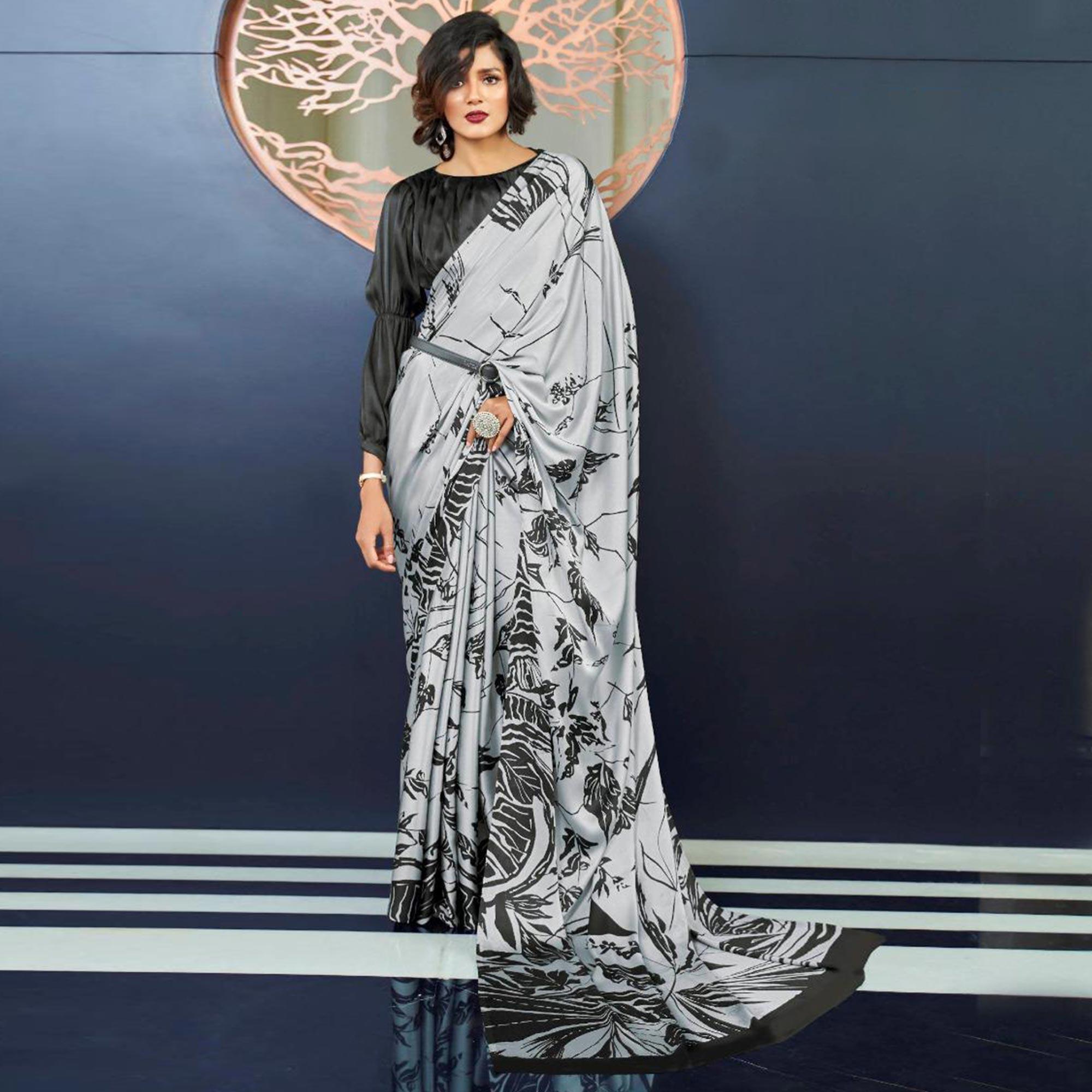 Capricious Grey Colored Partywear Fancy Printed Japan Satin-Crepe Saree - Peachmode