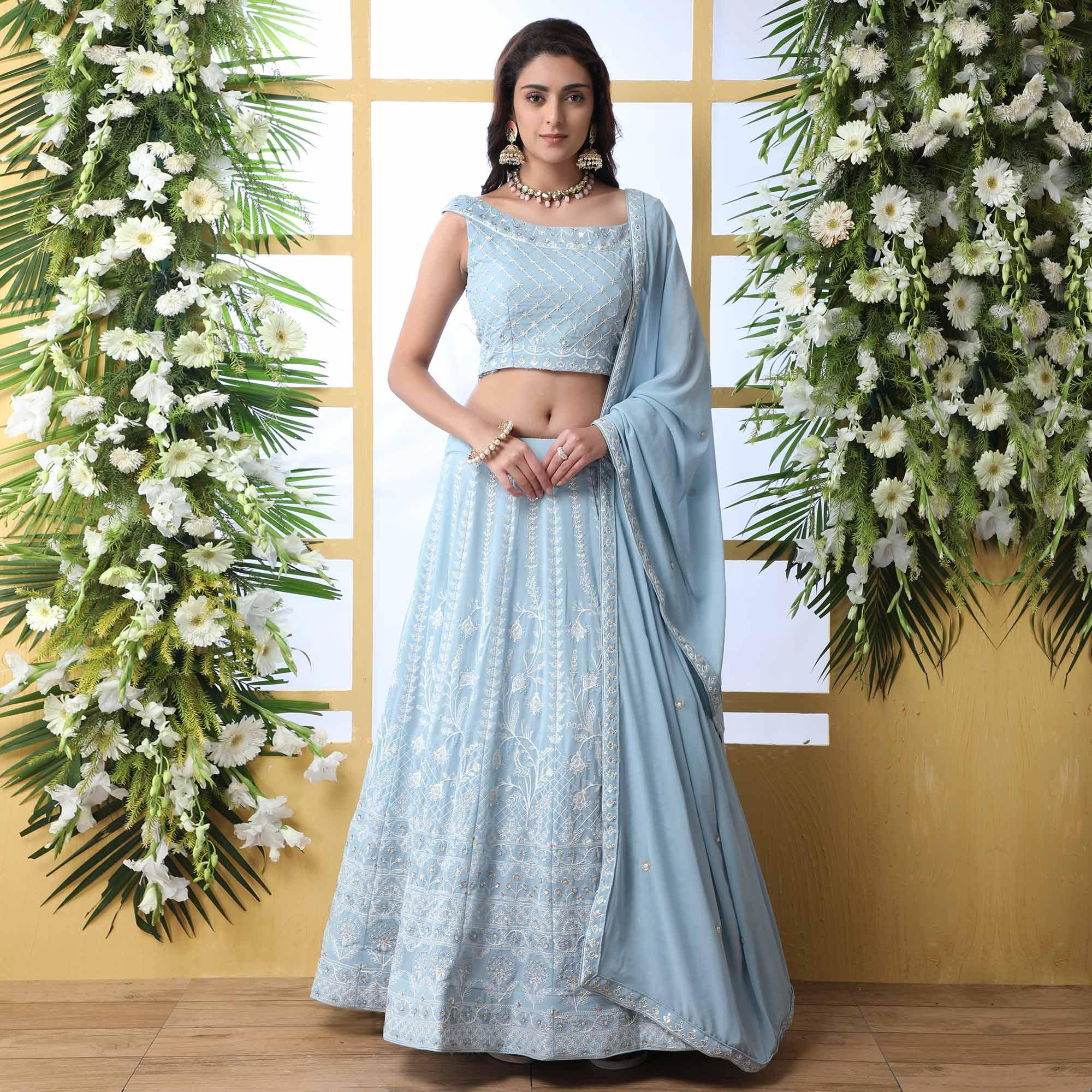 Capricious Light Blue Colored Party Wear Embroidered Georgette Legenga Choli - Peachmode