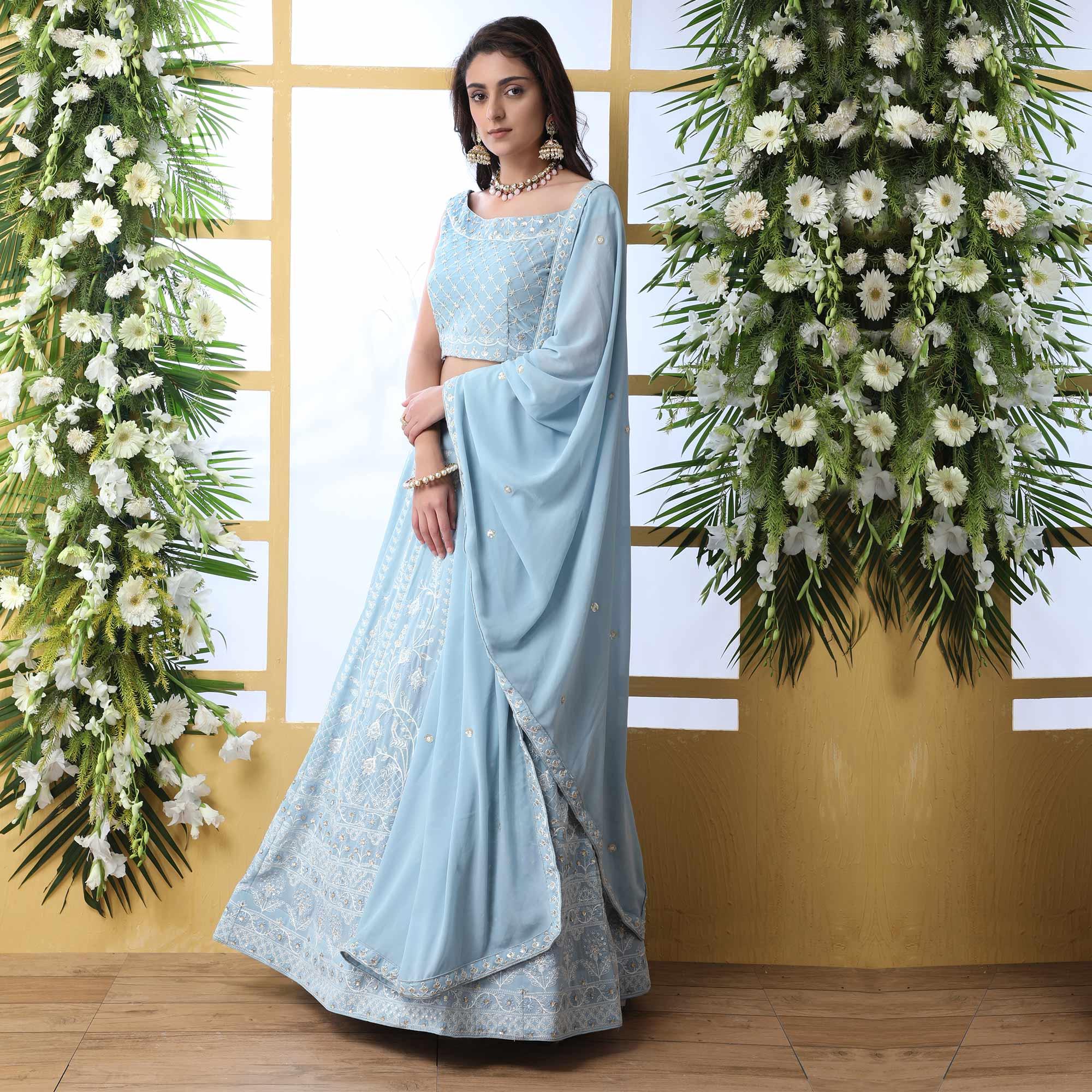 Capricious Light Blue Colored Party Wear Embroidered Georgette Legenga Choli - Peachmode