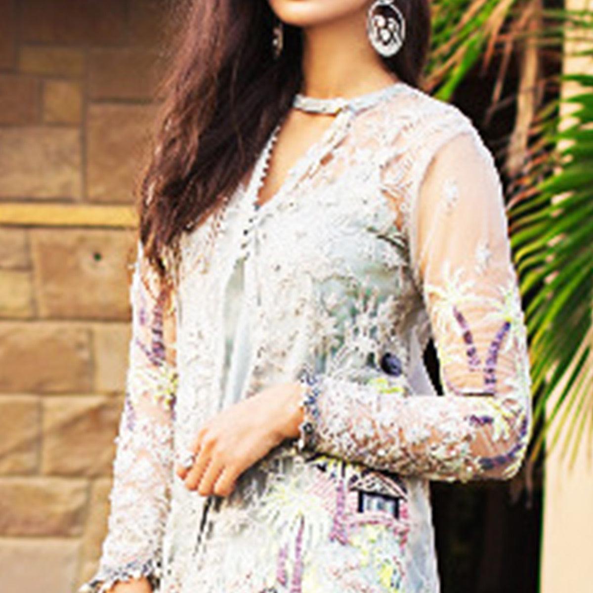 Capricious Light Blue Colored Partywear Embroidered Netted Palazzo Suit - Peachmode