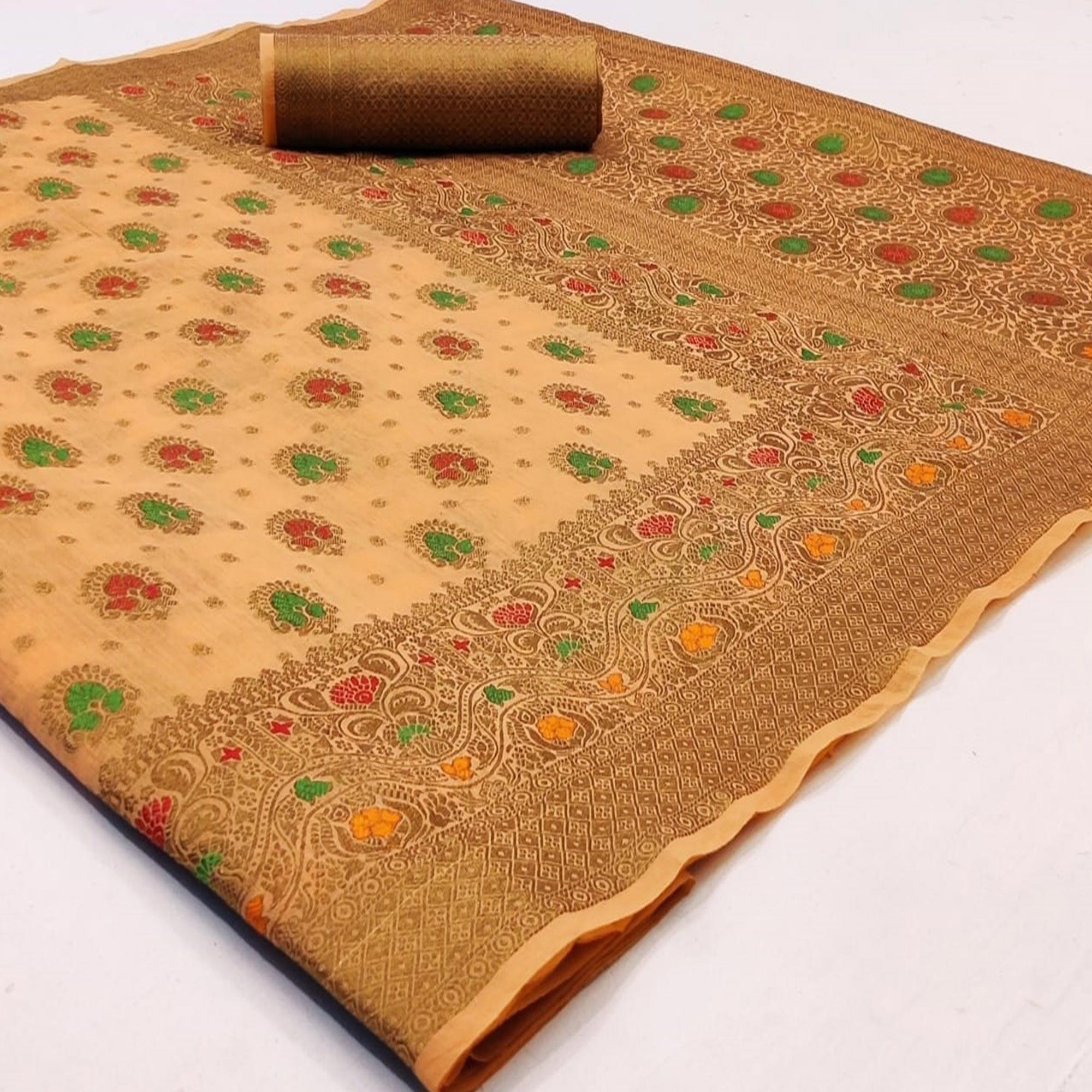 Capricious Light Peach Colored Festive Wear Woven Cotton Saree - Peachmode