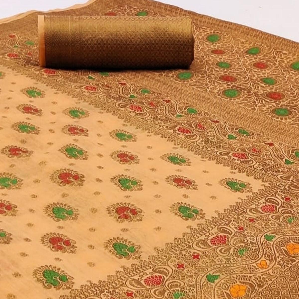 Capricious Light Peach Colored Festive Wear Woven Cotton Saree - Peachmode
