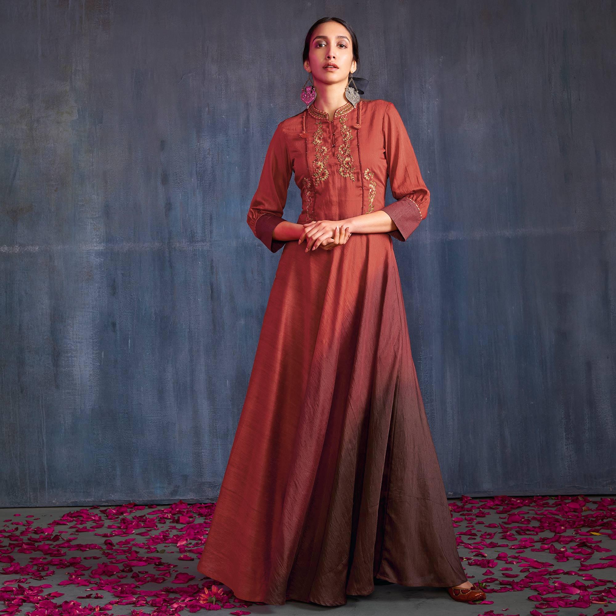 Capricious Maroon Colored Partywear Embroidered Viscose Gown - Peachmode