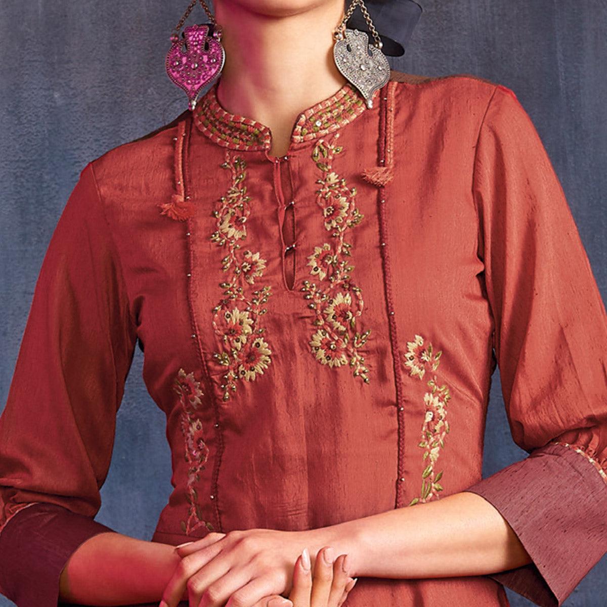 Capricious Maroon Colored Partywear Embroidered Viscose Gown - Peachmode