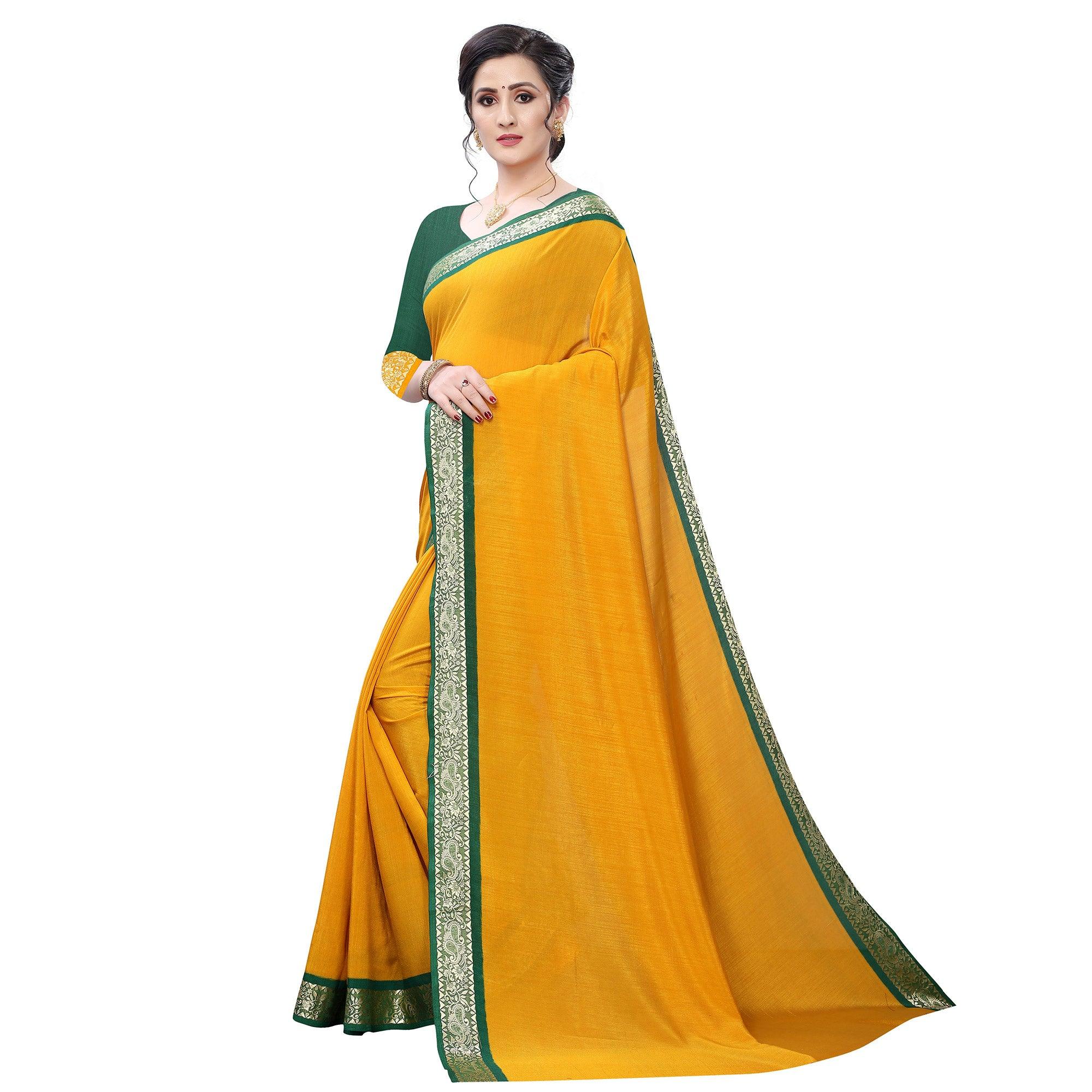 Capricious Mustard Yellow Colored Festive Wear Woven Vichitra Silk Saree - Peachmode
