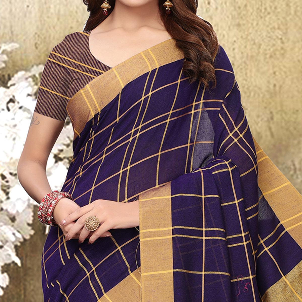 Capricious Navy Blue Colored Festive Wear Checks Print Pure Linen Saree - Peachmode