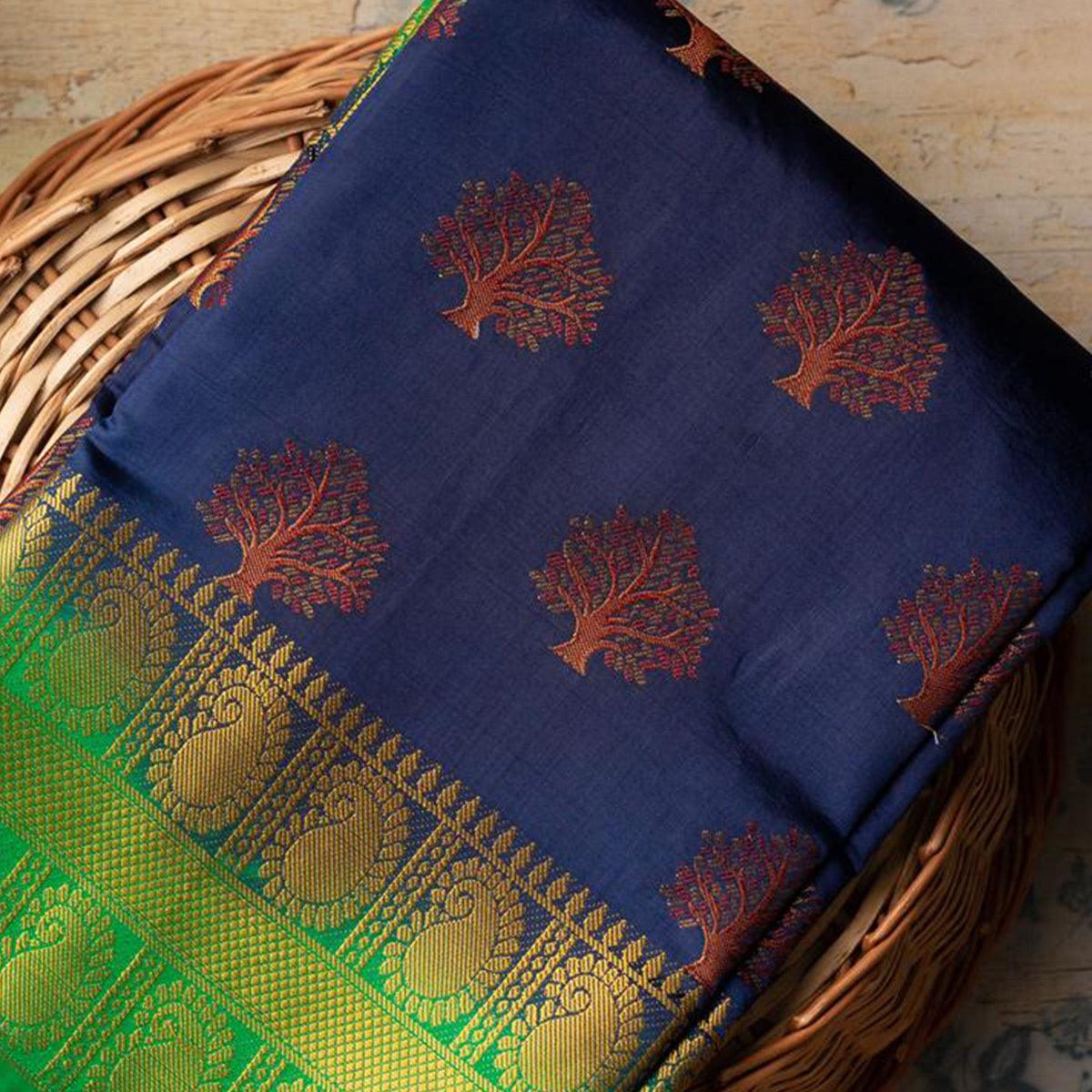 Capricious Navy Blue Colored Festive Wear Woven Art Silk Saree - Peachmode