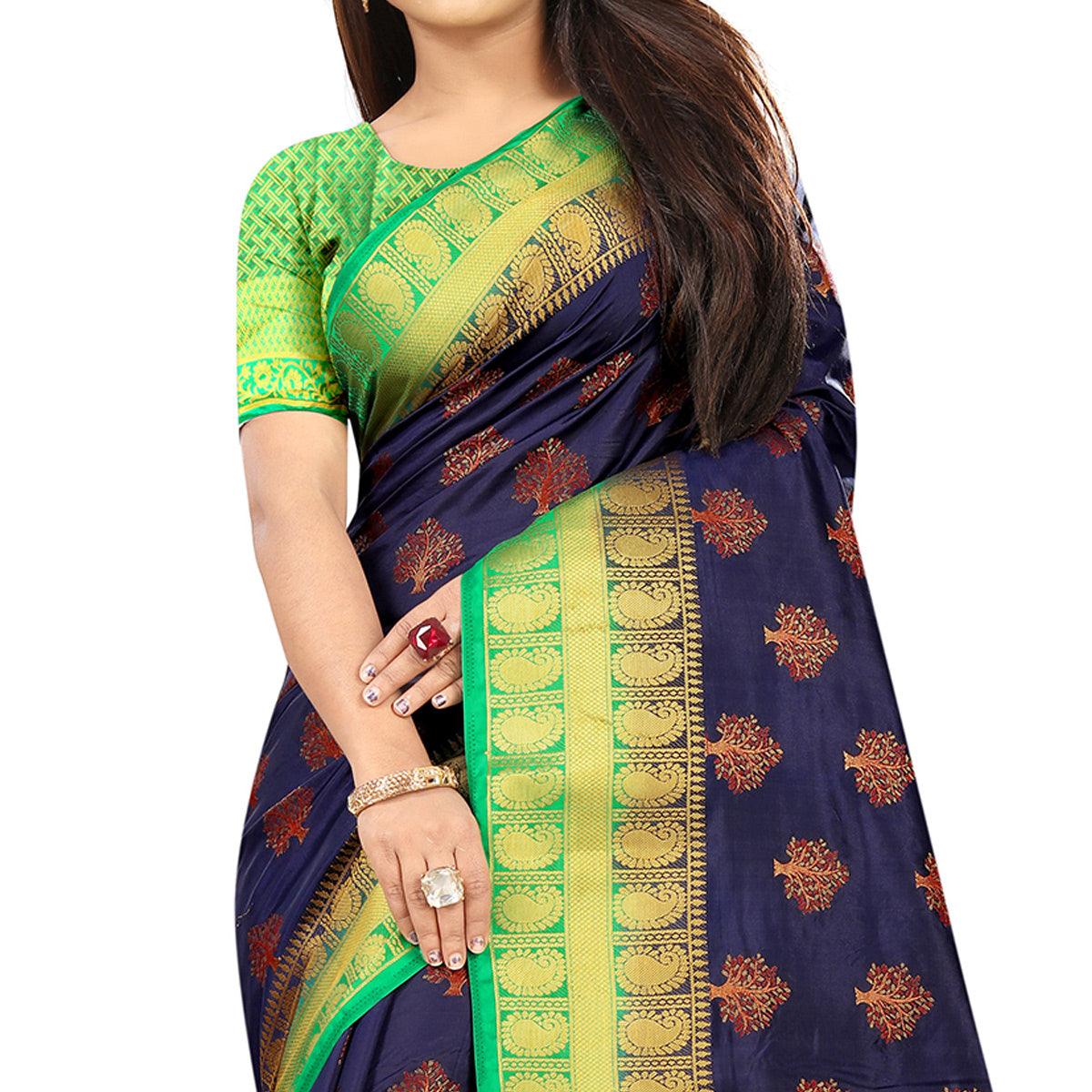 Capricious Navy Blue Colored Festive Wear Woven Art Silk Saree - Peachmode