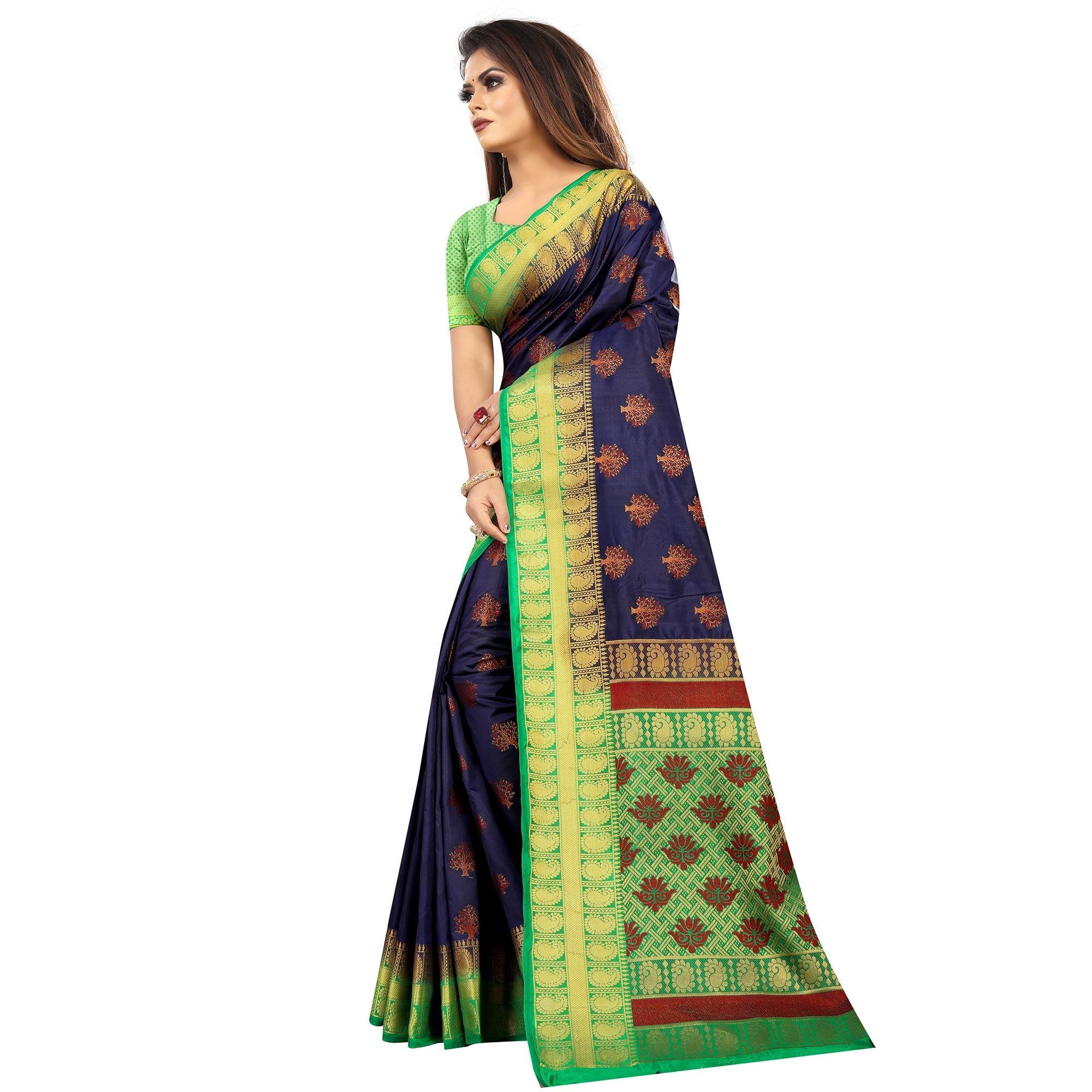 Capricious Navy Blue Colored Festive Wear Woven Art Silk Saree - Peachmode