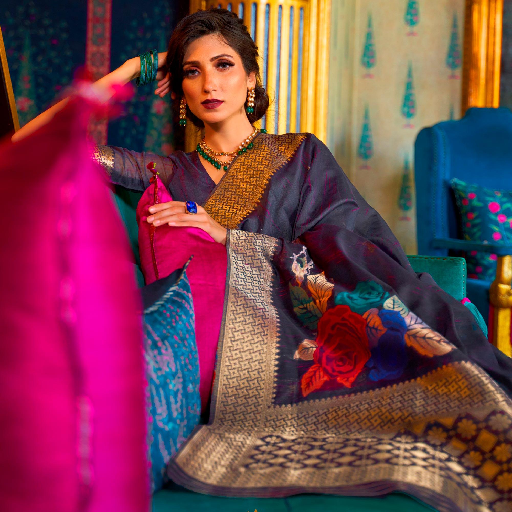 Capricious Navy Blue Coloured Festive Wear Woven Multi Slub Soft Silk Saree - Peachmode