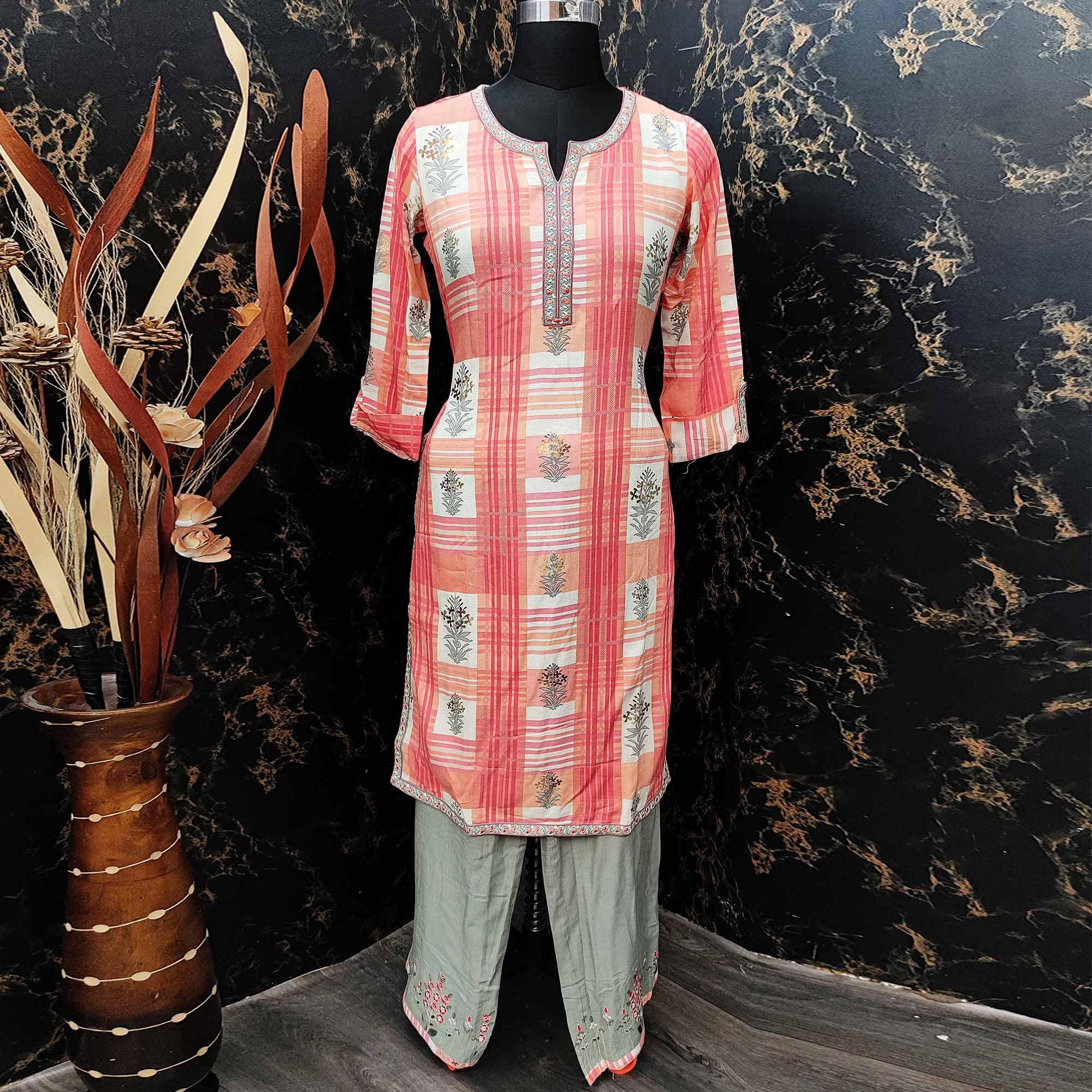 Capricious Peach Colored Casual Wear Embroidered Rayon Kurti - Palazzo Set - Peachmode