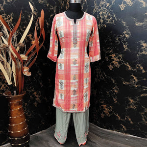 Capricious Peach Colored Casual Wear Embroidered Rayon Kurti - Palazzo Set - Peachmode