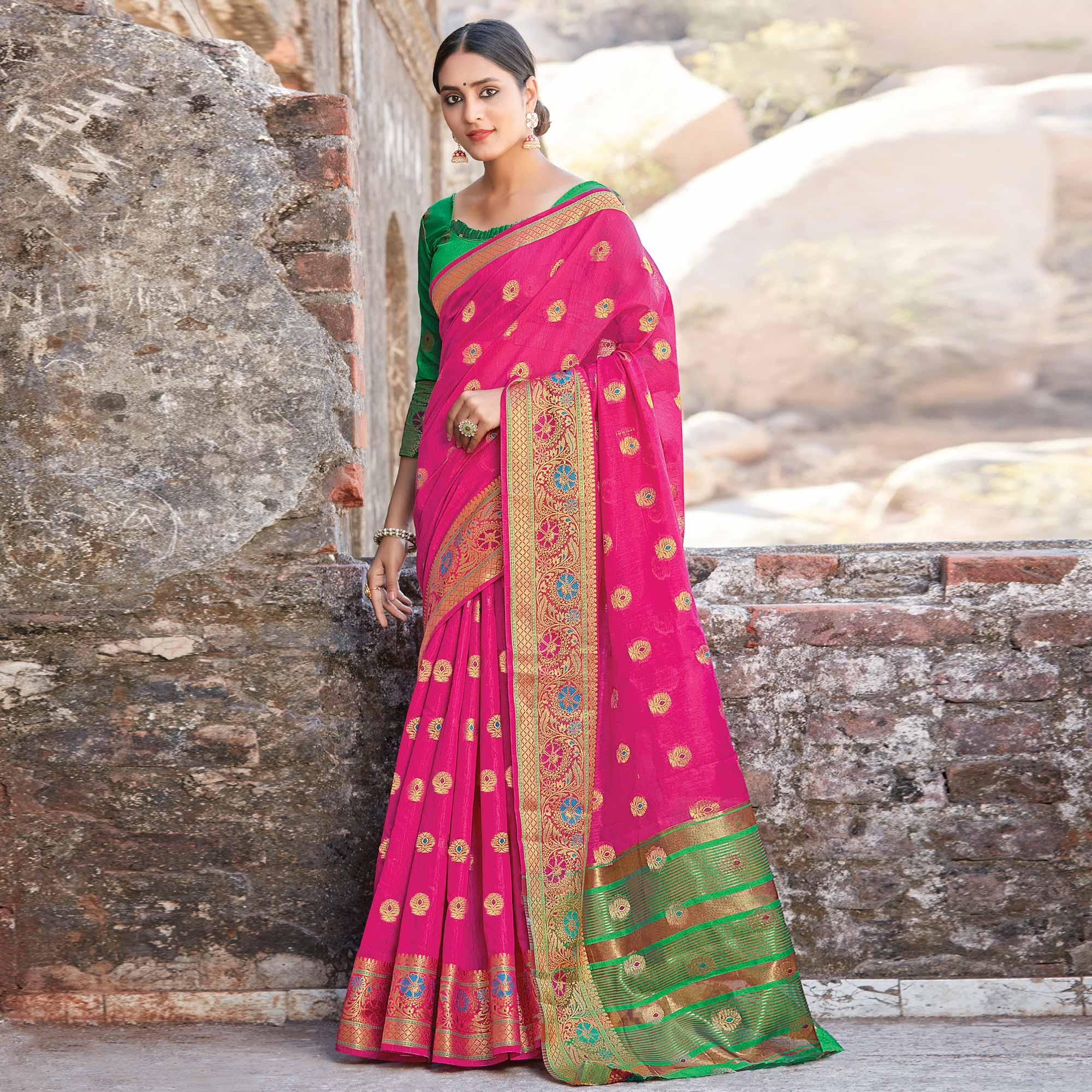 Capricious Pink Colored Festive Wear Woven Cotton Handloom Saree - Peachmode