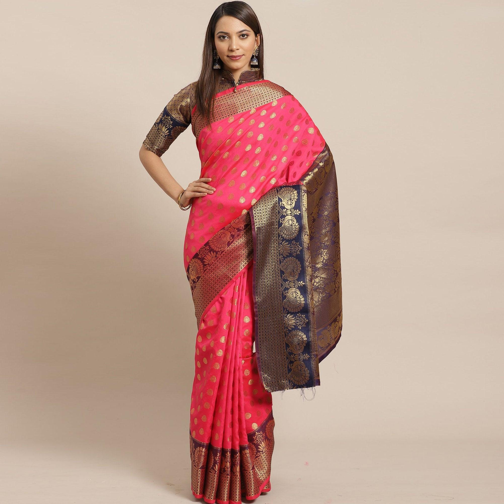 Capricious Pink Colored Festive Wear Woven Silk Blend Saree - Peachmode