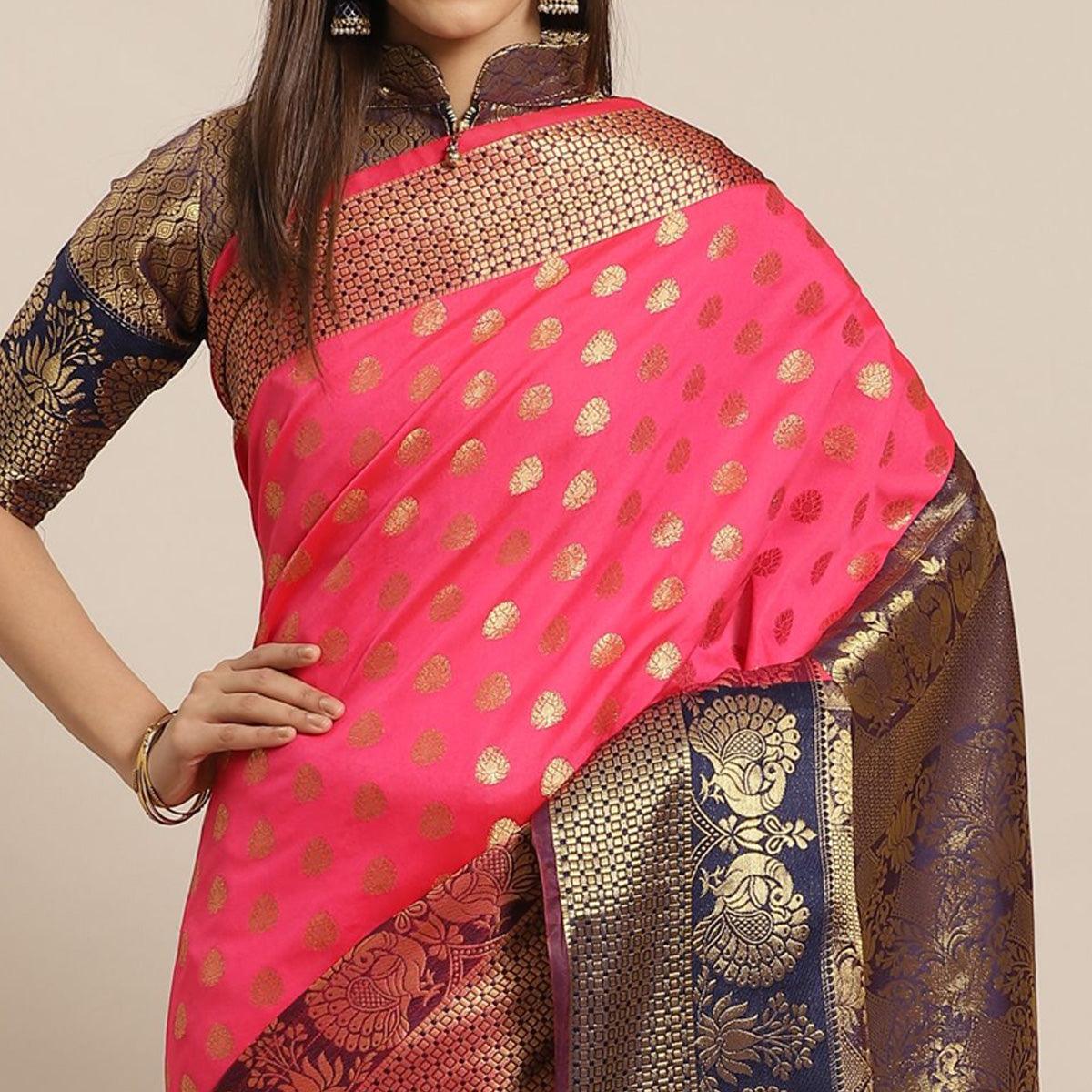 Capricious Pink Colored Festive Wear Woven Silk Blend Saree - Peachmode