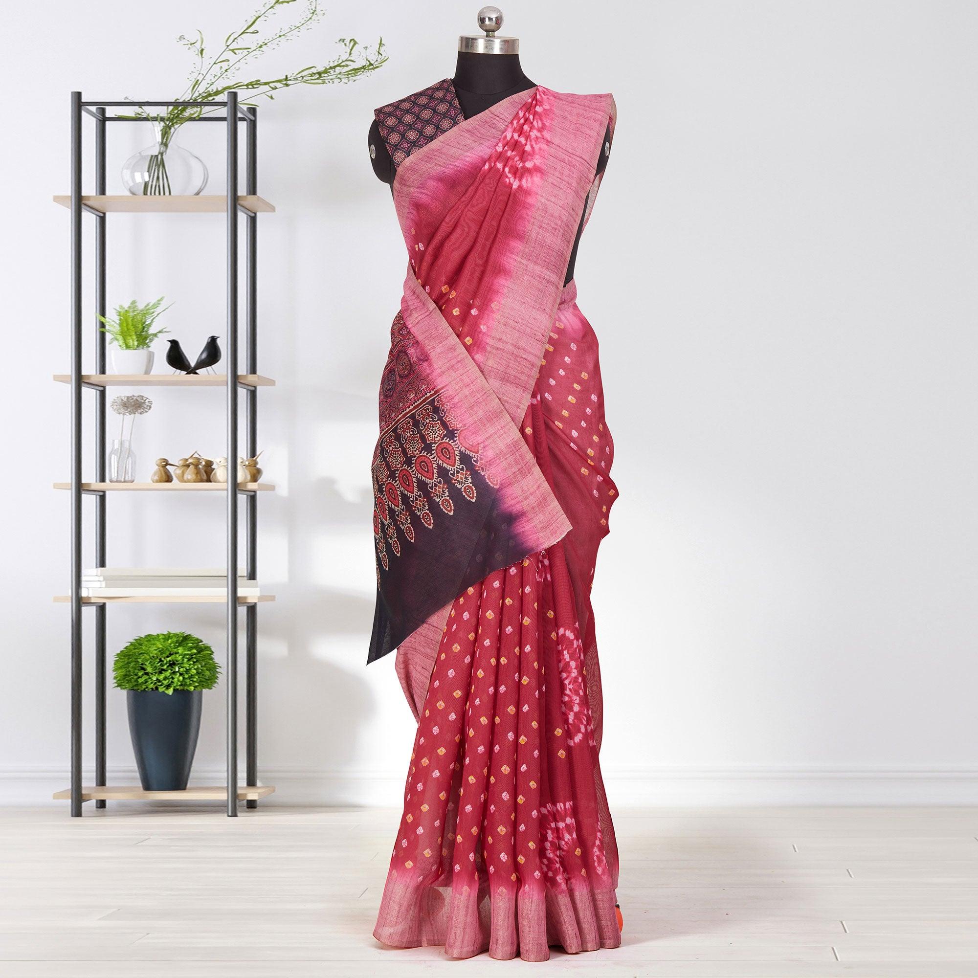 Capricious Pink Coloured Casual Wear Printed Linen Saree - Peachmode