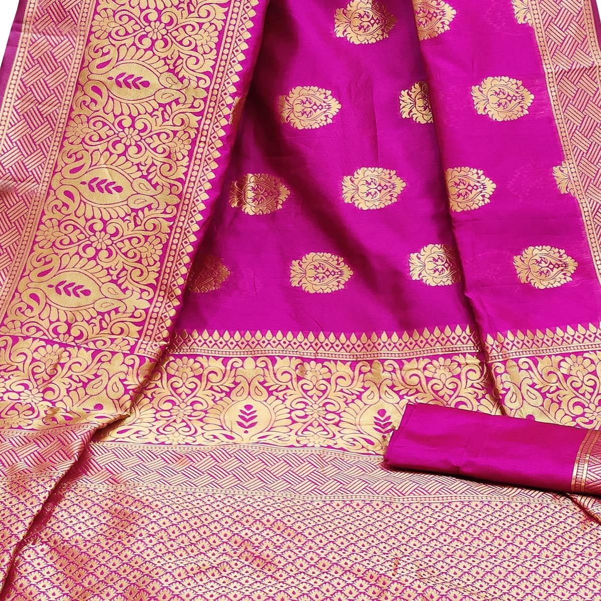 Capricious Rani Pink Colored Festive Wear Woven Litchi Jacquard Silk Saree - Peachmode