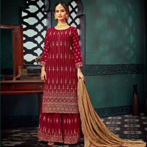 Capricious Red Colored Embroidered Partywear Pure Georgette Palazzo Suit - Peachmode