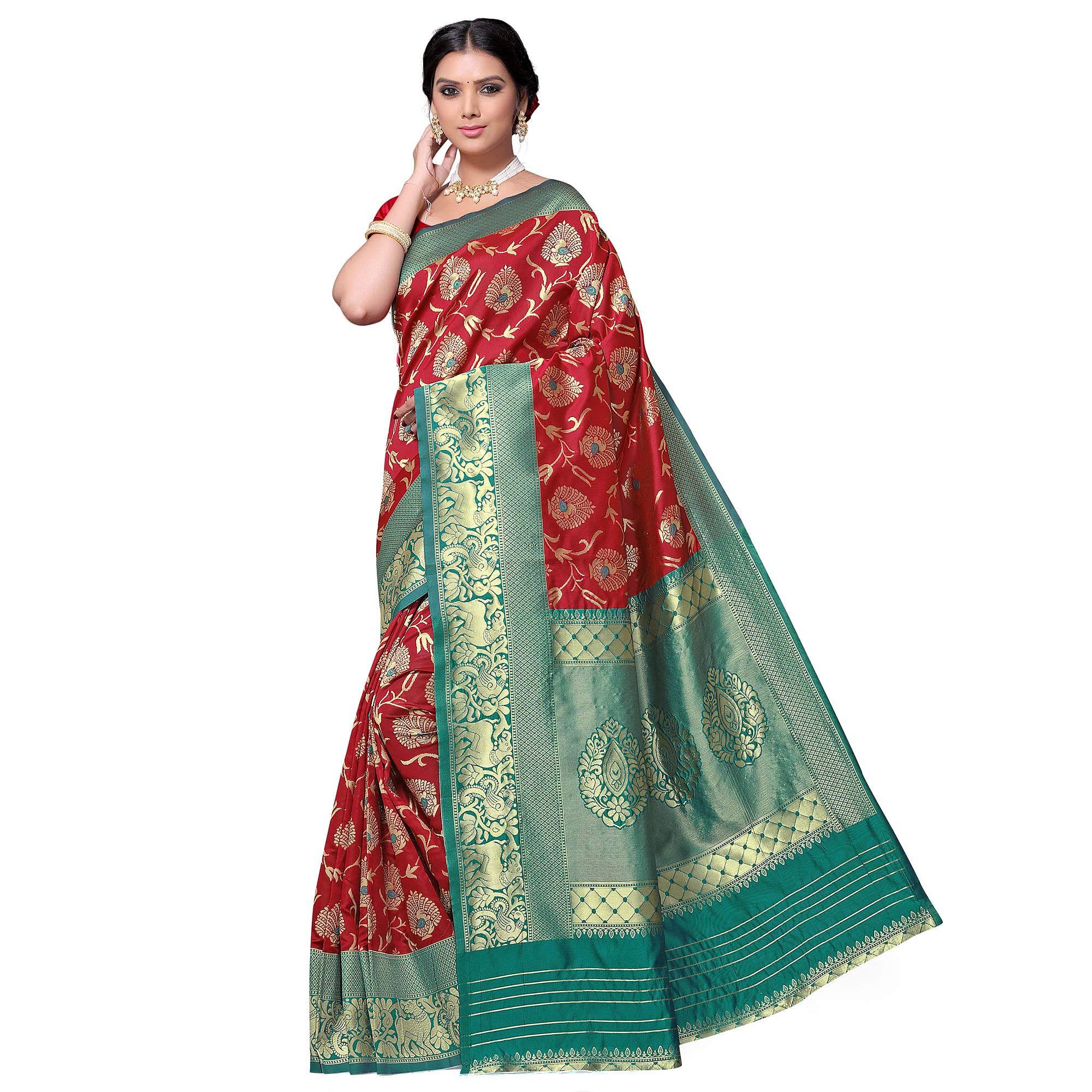 Capricious Red Colored Festive Wear woven Kota Lichi Banarasi Silk Saree - Peachmode