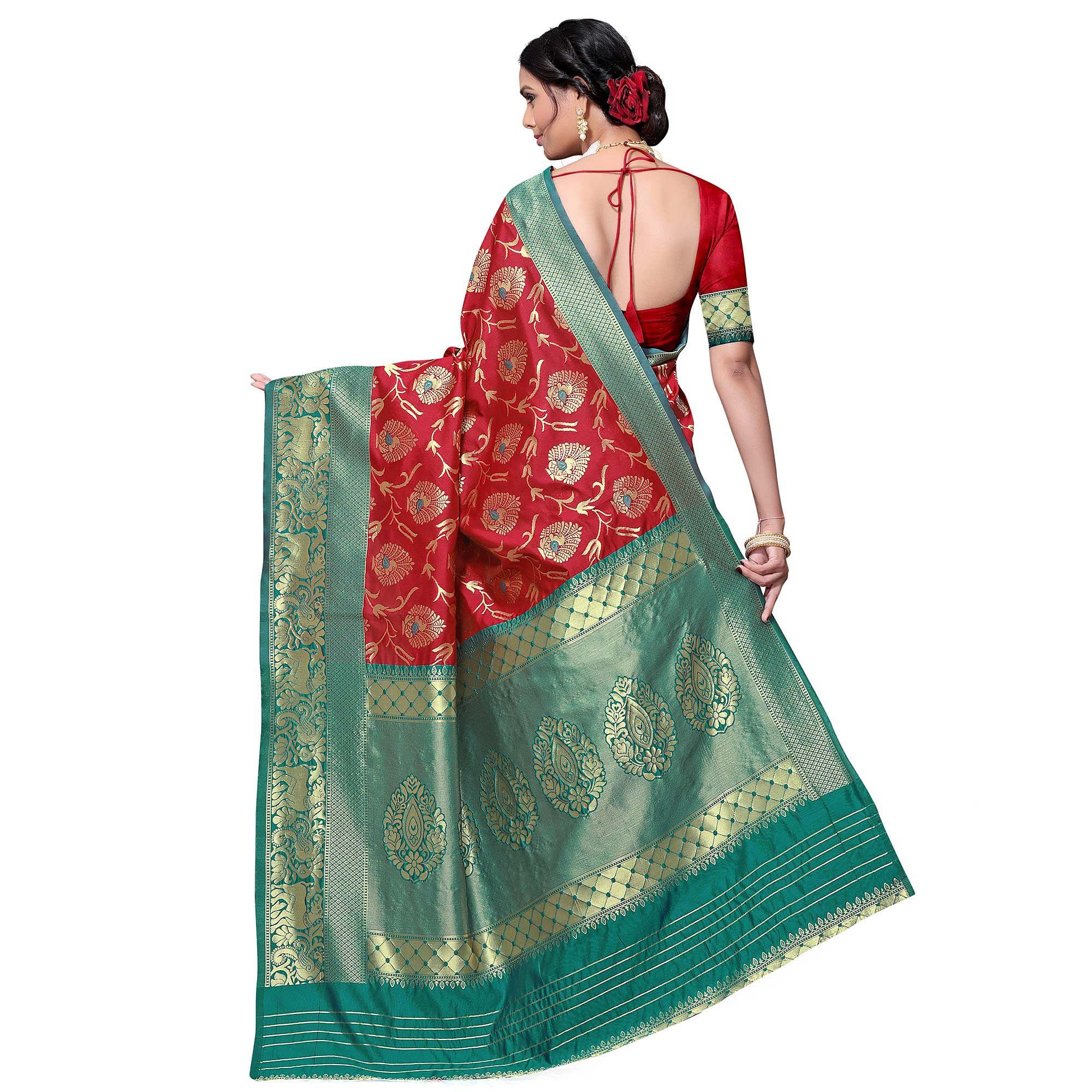 Capricious Red Colored Festive Wear woven Kota Lichi Banarasi Silk Saree - Peachmode