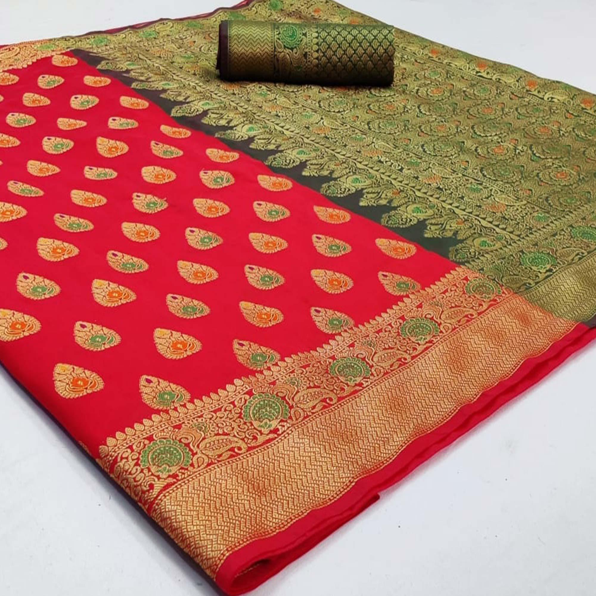 Capricious Red Colored Festive Wear Woven Silk Saree - Peachmode