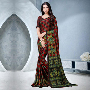 Capricious Red Colored Partywear Checkered Printed Chiffon Saree - Peachmode