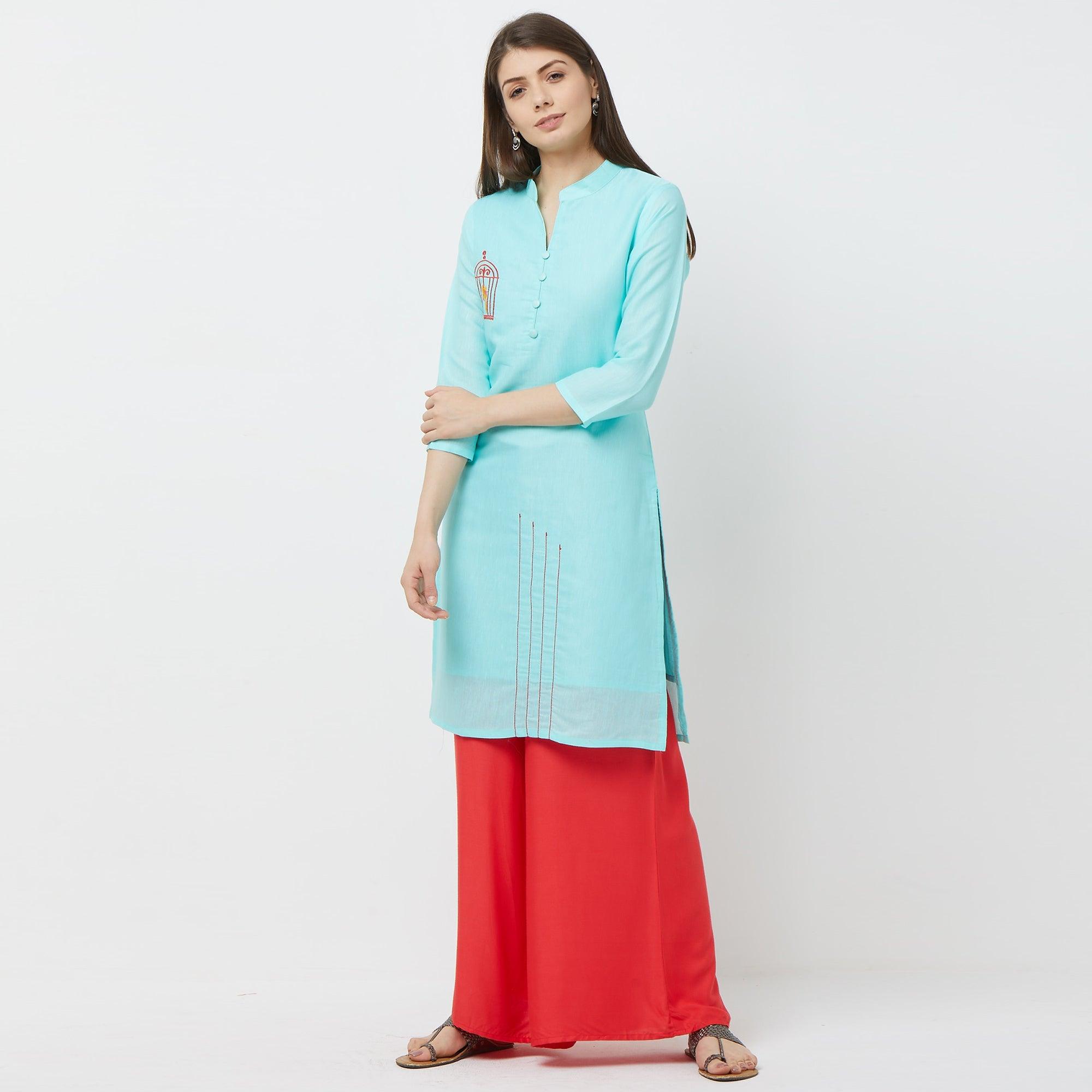 Capricious Sky Blue Colored Casual Embroidered Cotton Kurti - Peachmode
