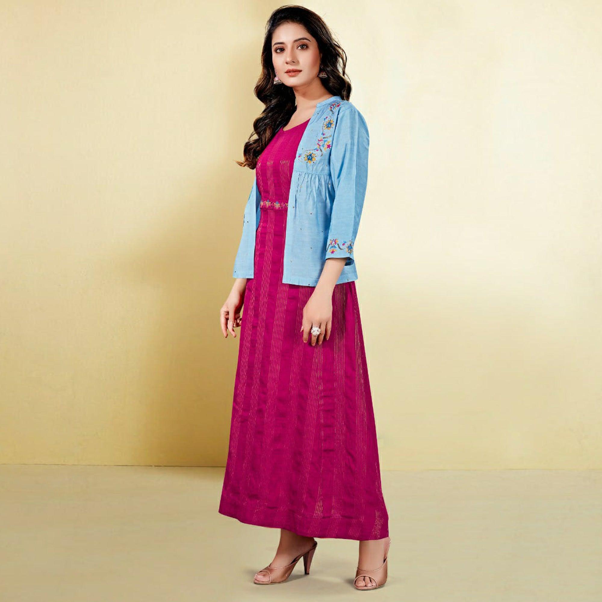 Capricious Sky Blue - Pink Colored Partywear Embroidered Cotton Silk Kurti With Jacket - Peachmode