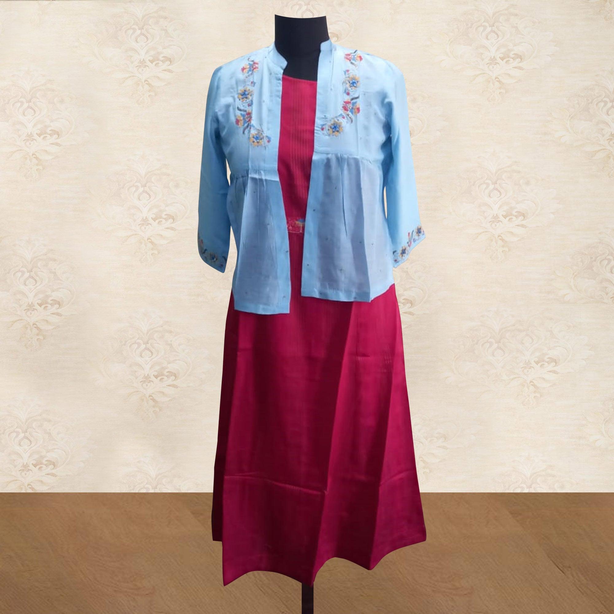 Capricious Sky Blue - Pink Colored Partywear Embroidered Cotton Silk Kurti With Jacket - Peachmode