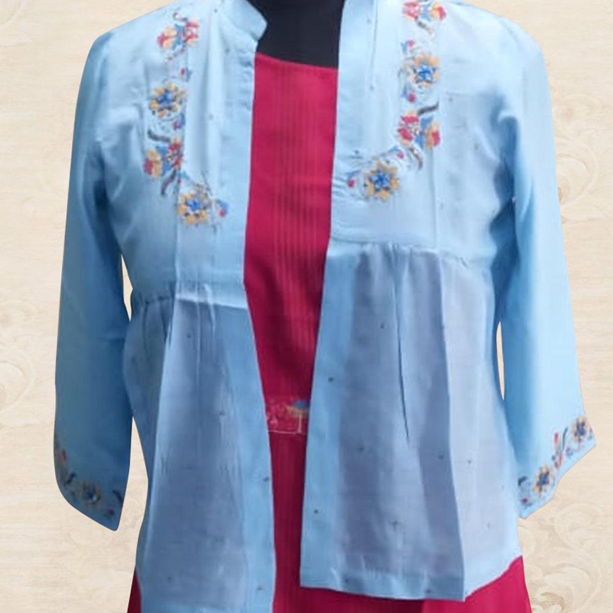 Capricious Sky Blue - Pink Colored Partywear Embroidered Cotton Silk Kurti With Jacket - Peachmode