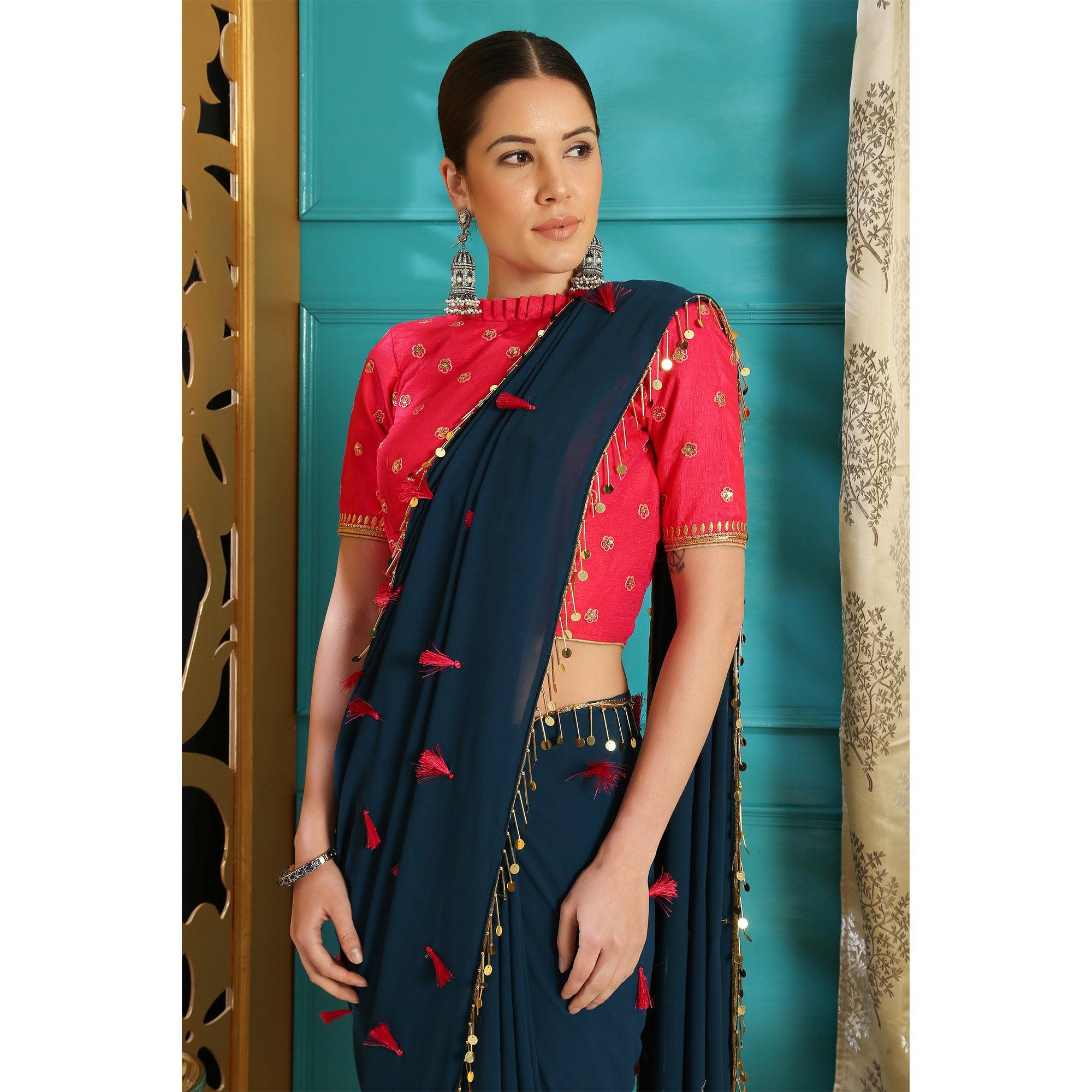 Capricious Teal Blue Colored Party Wear Embroidered Pure Georgette Saree - Peachmode