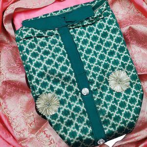 Capricious Teal Green Colored Festive Wear Woven Heavy Banarasi Silk Dress Material - Peachmode