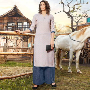 Captivating Beige Colored Casual Wear Jacquard Butti Silk Kurti-Palazzo Set - Peachmode