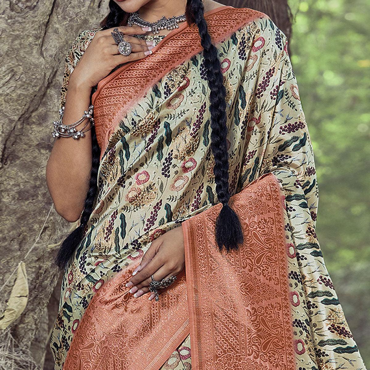 Captivating Beige Colored Festive Wear Digital Printed Silk Saree - Peachmode