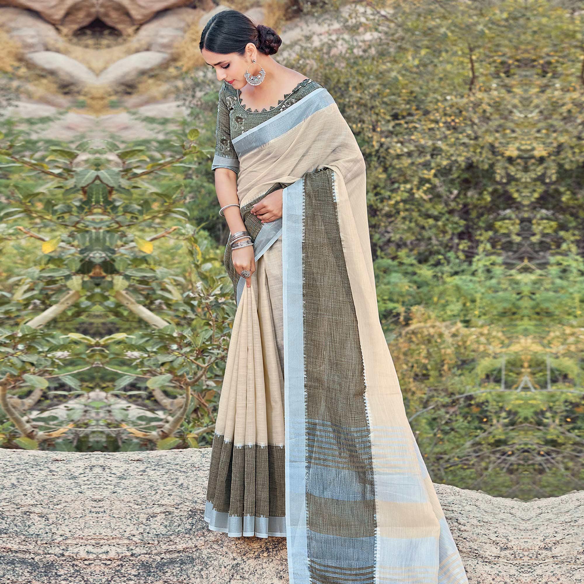 Captivating Beige Colored Festive Wear Woven Linen Saree - Peachmode