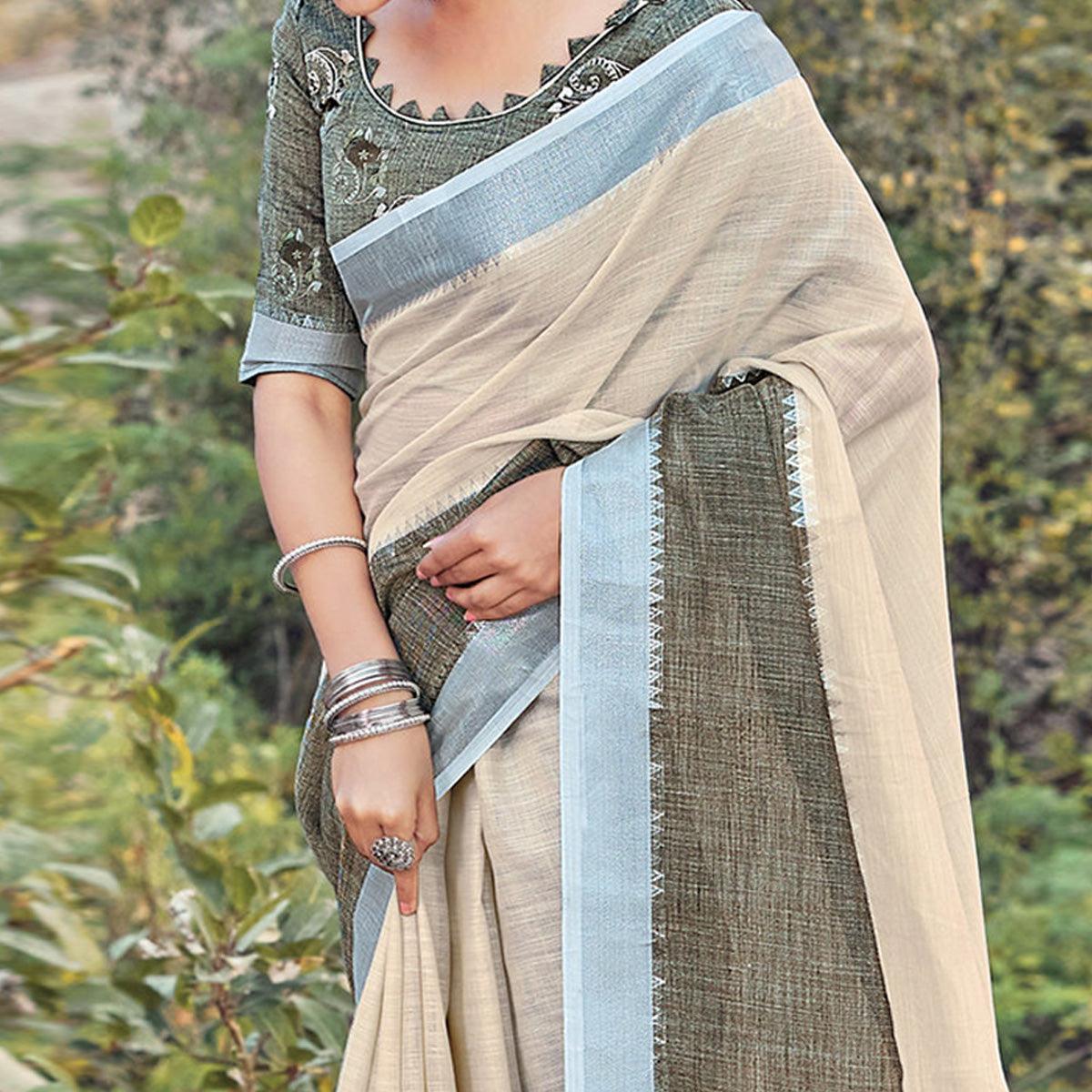 Captivating Beige Colored Festive Wear Woven Linen Saree - Peachmode