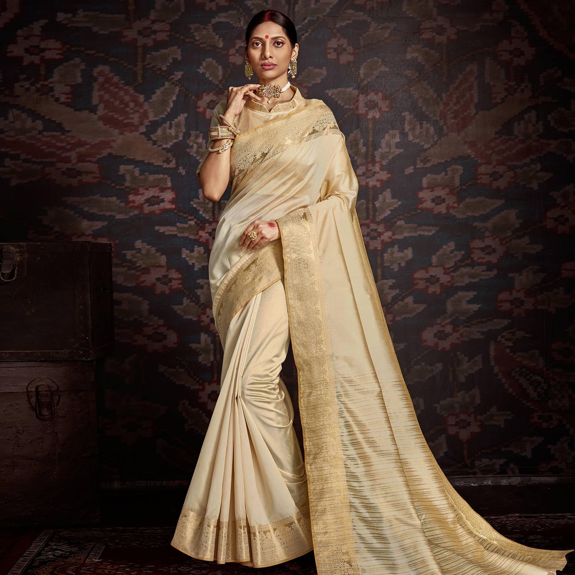 Captivating Beige Colored Festive Wear Woven Silk Saree - Peachmode