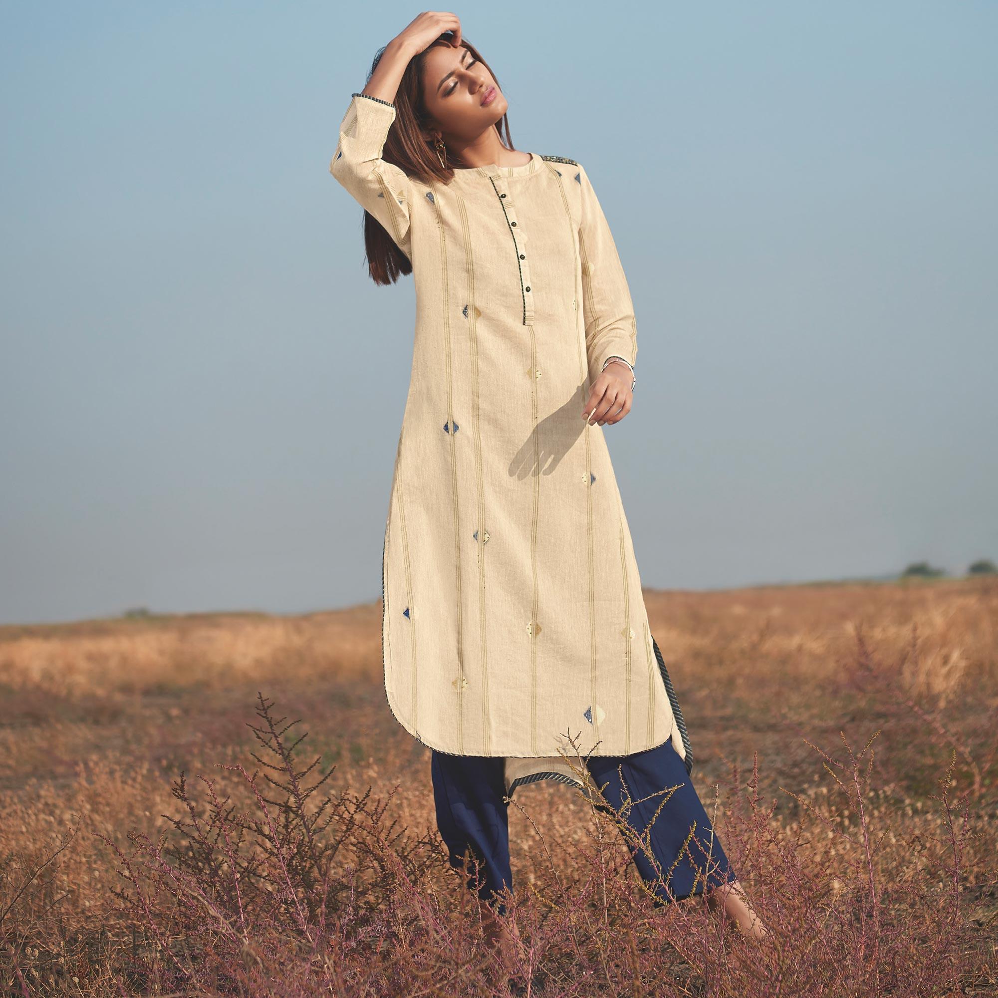 Captivating Beige Colored Party Wear Handwork Handloom Cotton Kurti-Pant Set - Peachmode