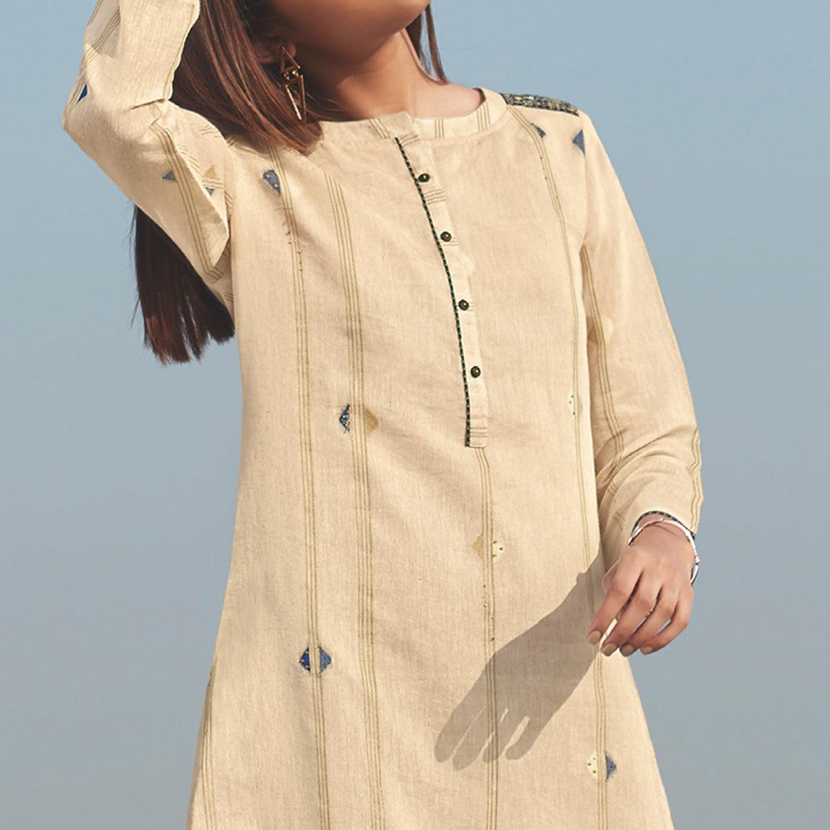 Captivating Beige Colored Party Wear Handwork Handloom Cotton Kurti-Pant Set - Peachmode