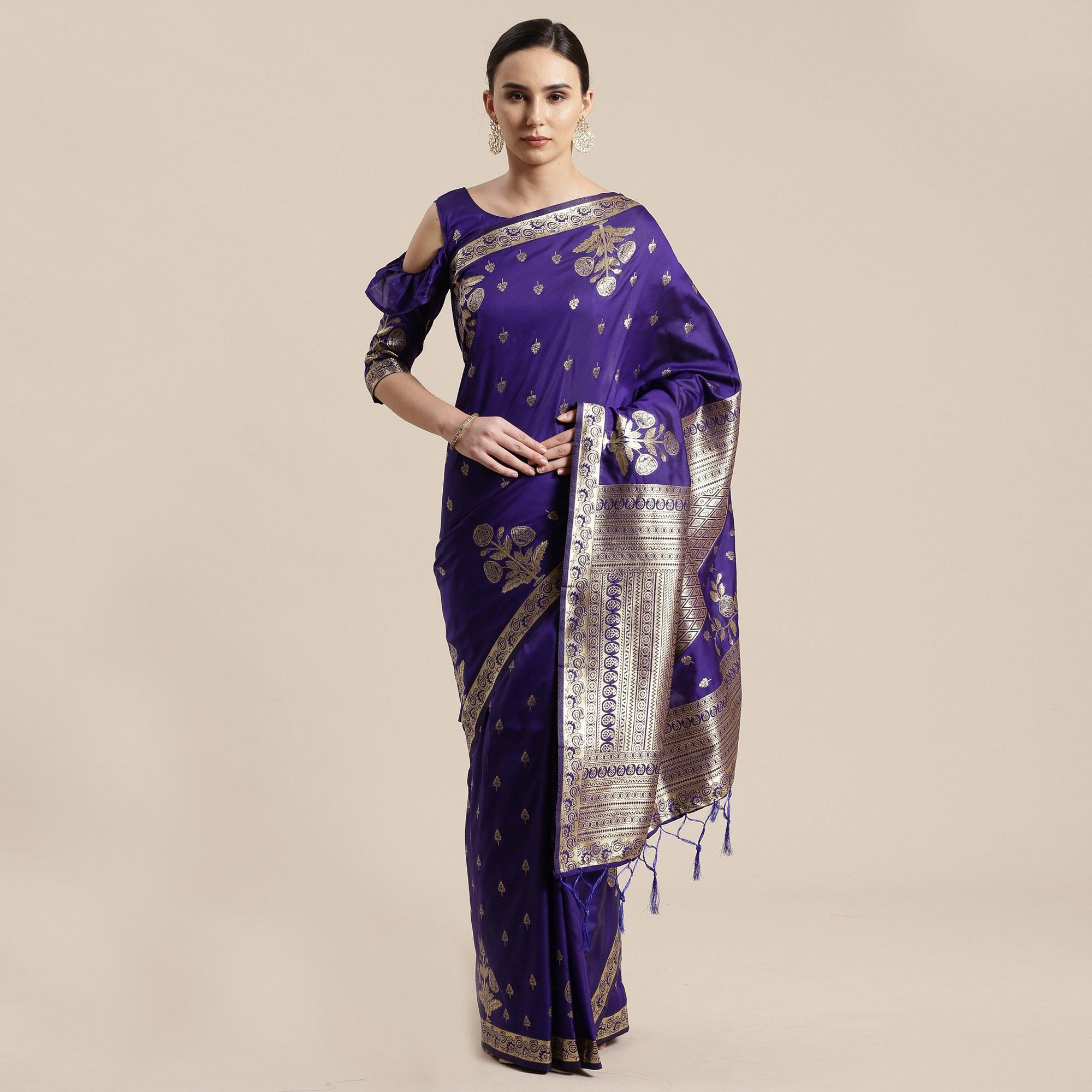 Captivating Blue Colored Festive Wear Silk Blend Woven Floral Saree With Tassels - Peachmode