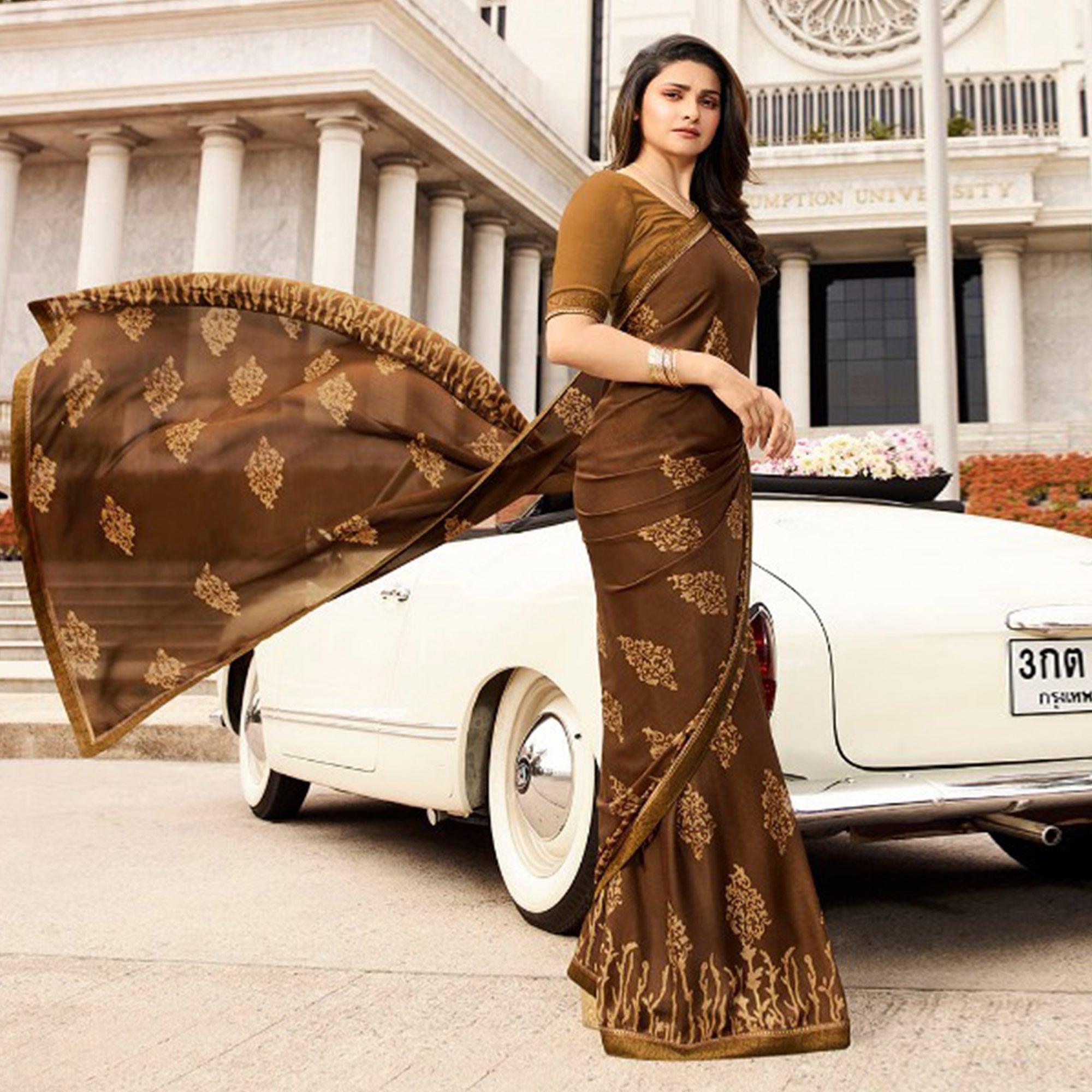 Captivating Brown Colored Casual Printed Silk Saree - Peachmode