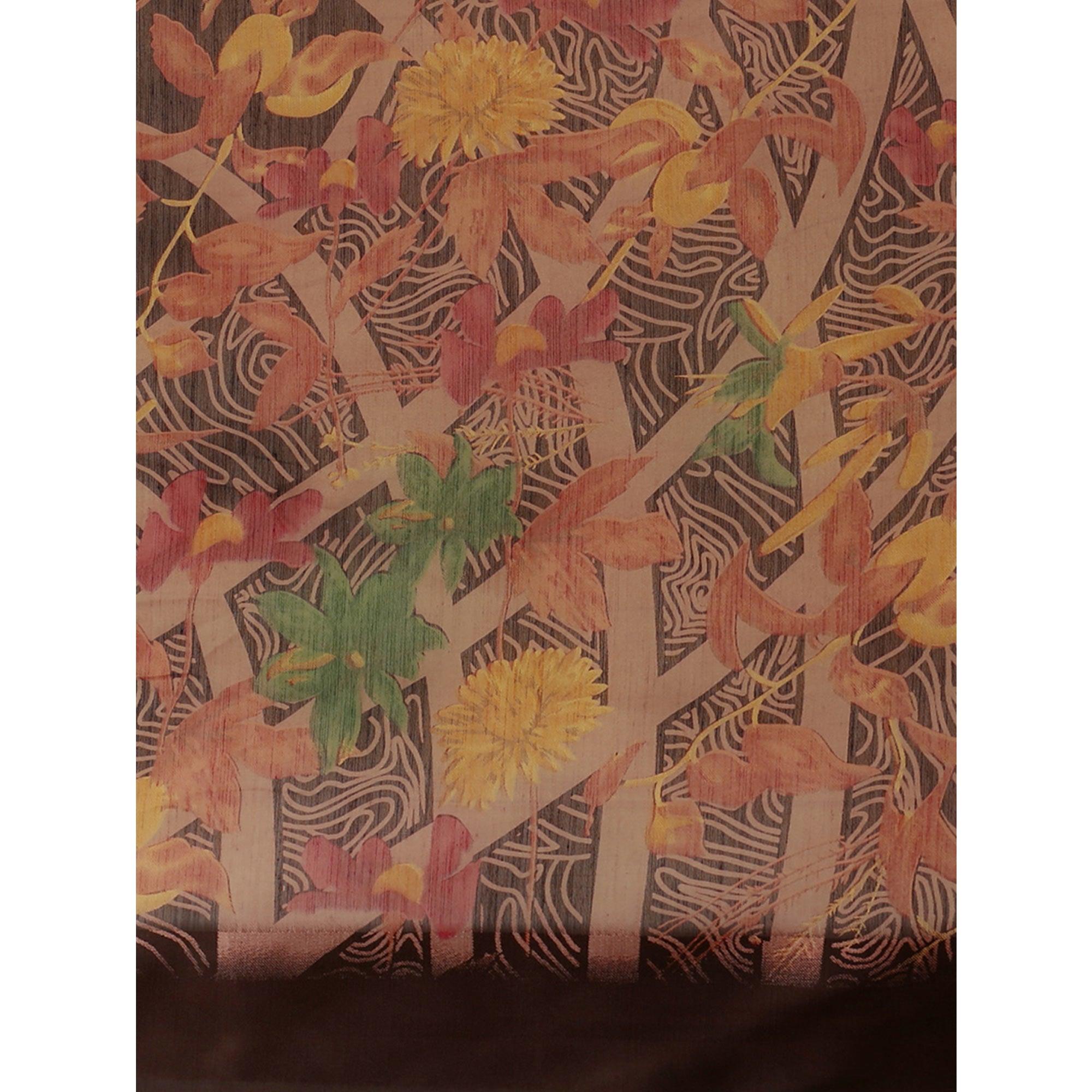 Captivating Brown Colored Casual Wear Floral Printed Cotton Silk Saree - Peachmode