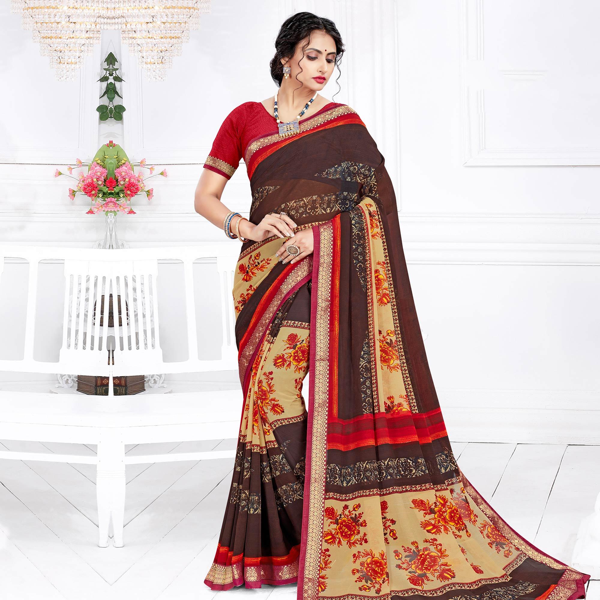Captivating Brown Colored Casual Wear Printed Georgette Saree - Peachmode