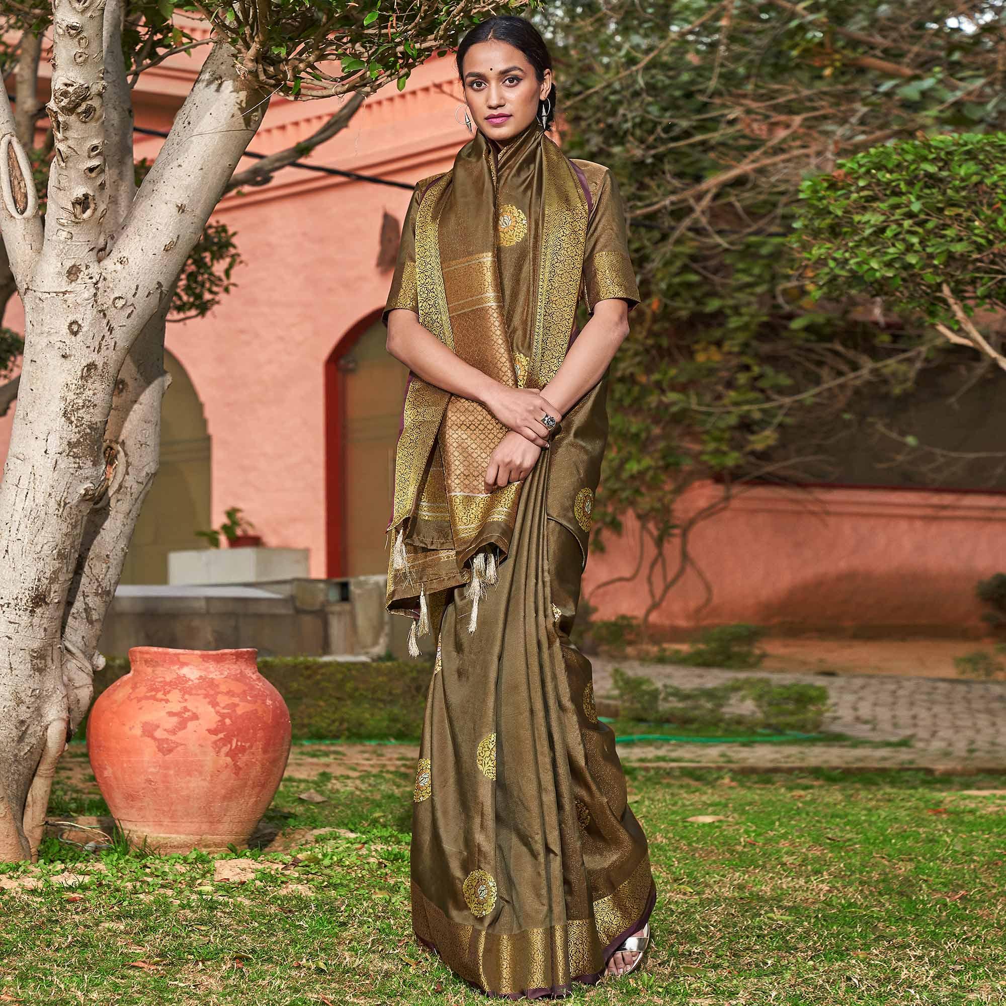 Captivating Brown Colored Festive Wear Woven Soft Silk Saree - Peachmode