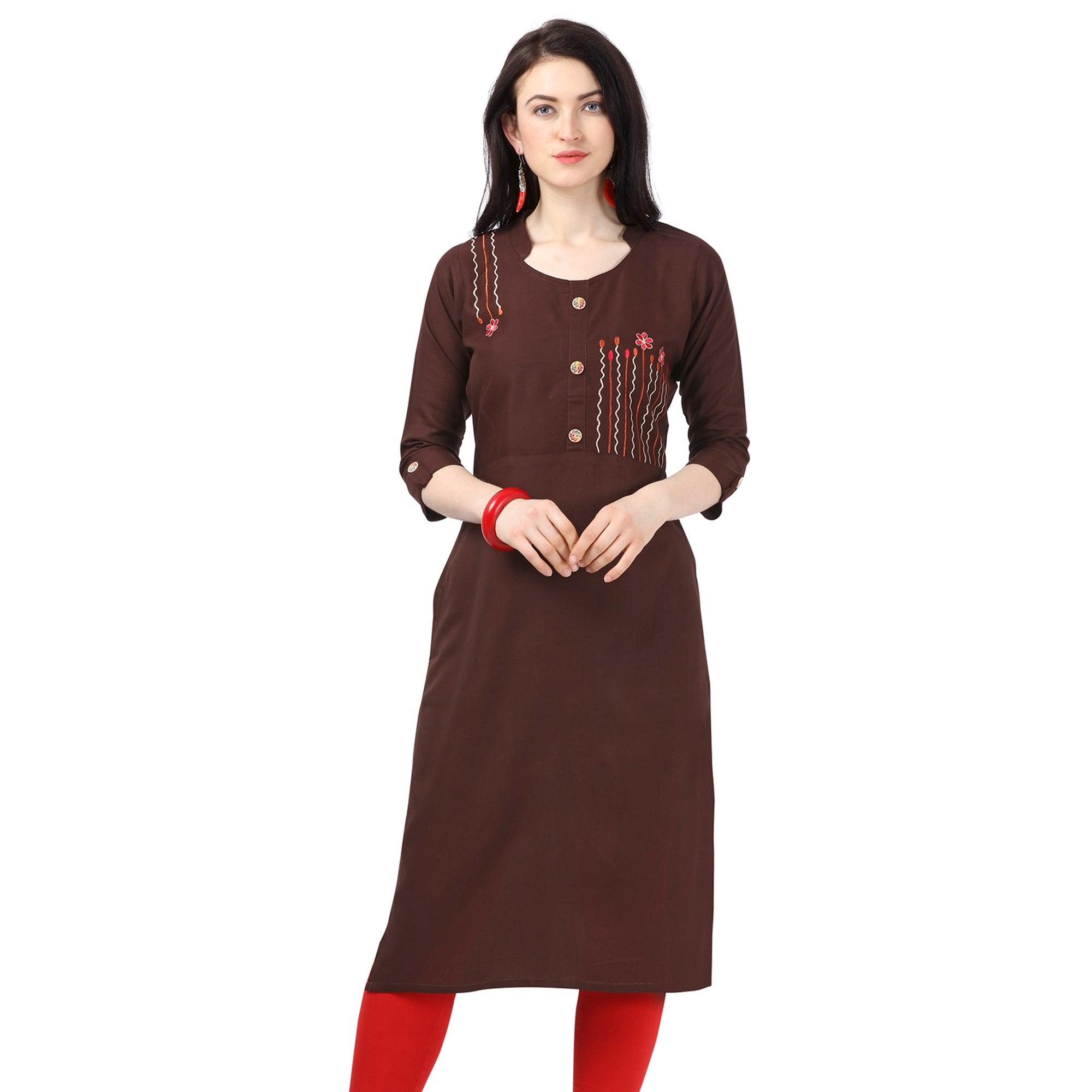 Captivating Brown Colored Partywear Embroidered Rayon Kurti - Peachmode