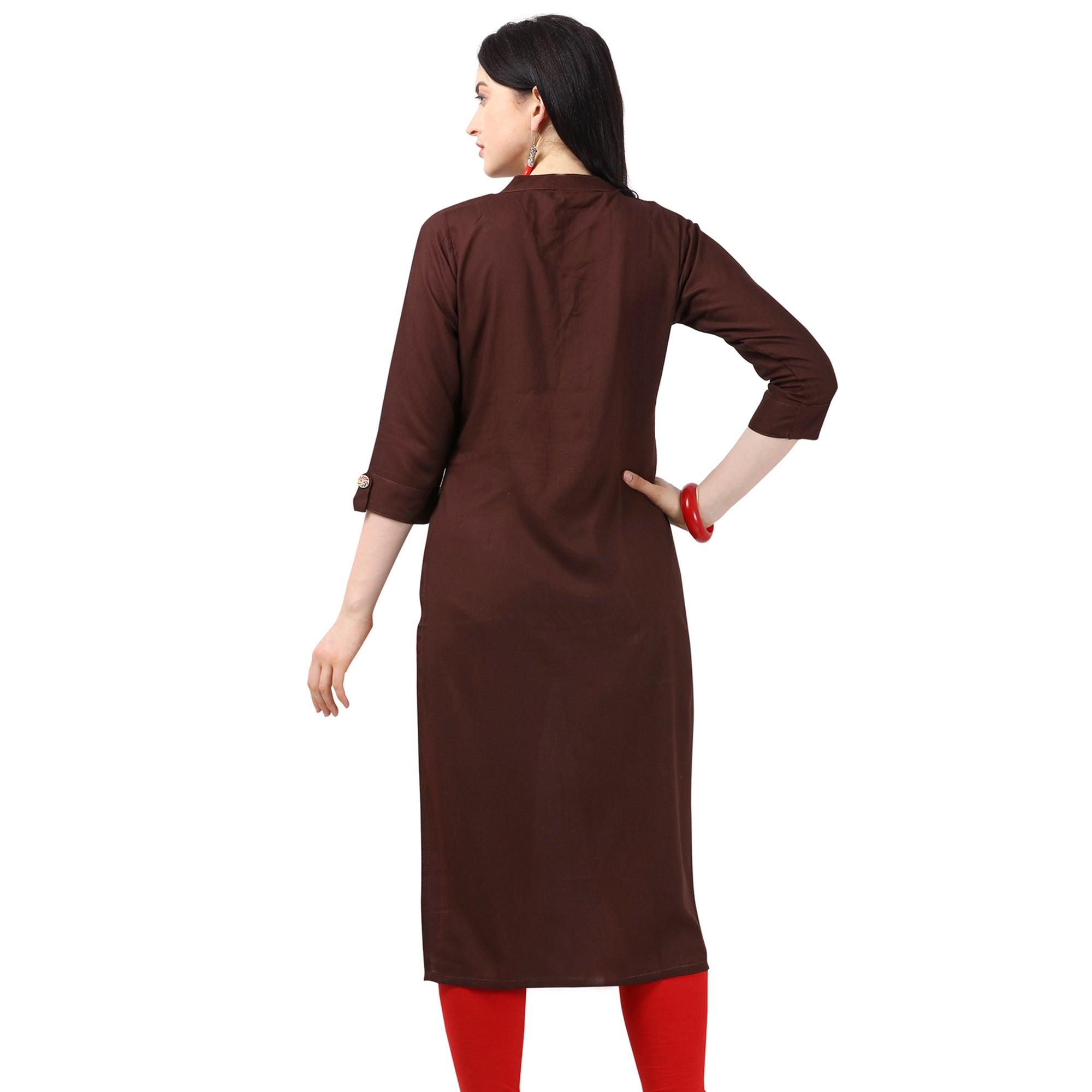Captivating Brown Colored Partywear Embroidered Rayon Kurti - Peachmode
