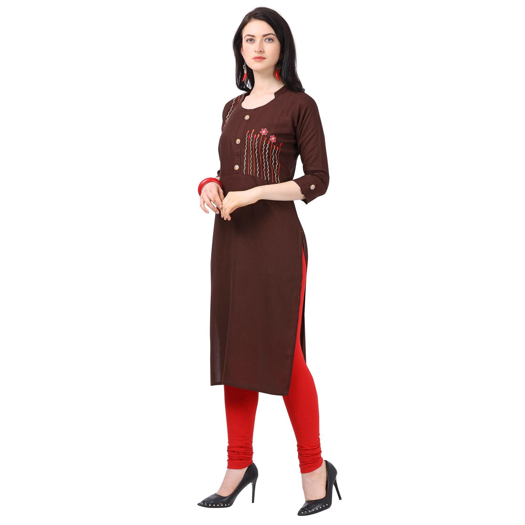 Captivating Brown Colored Partywear Embroidered Rayon Kurti - Peachmode