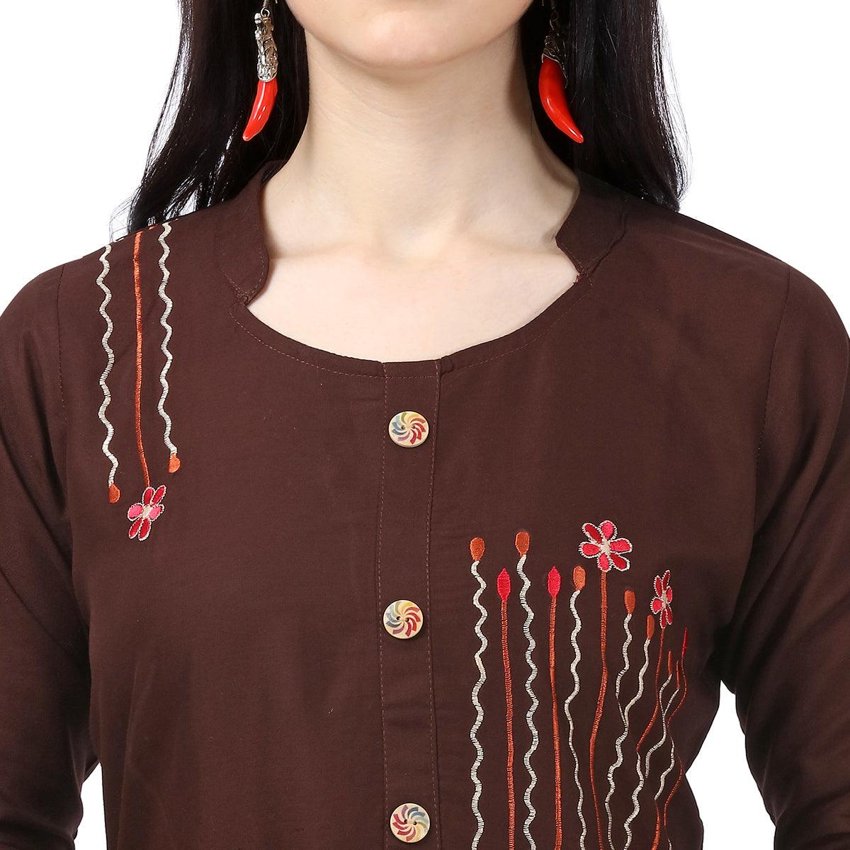 Captivating Brown Colored Partywear Embroidered Rayon Kurti - Peachmode