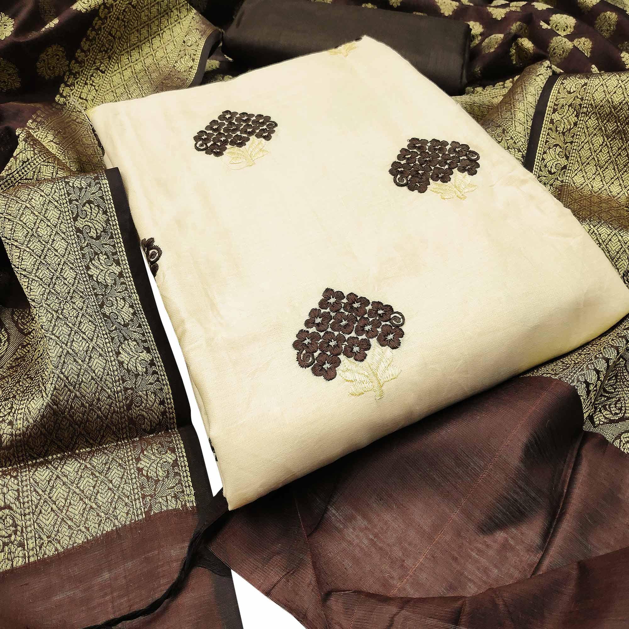 Captivating Cream Colored Casual Wear Embroidered Cotton Dress Material With Banarasi Silk Dupatta - Peachmode