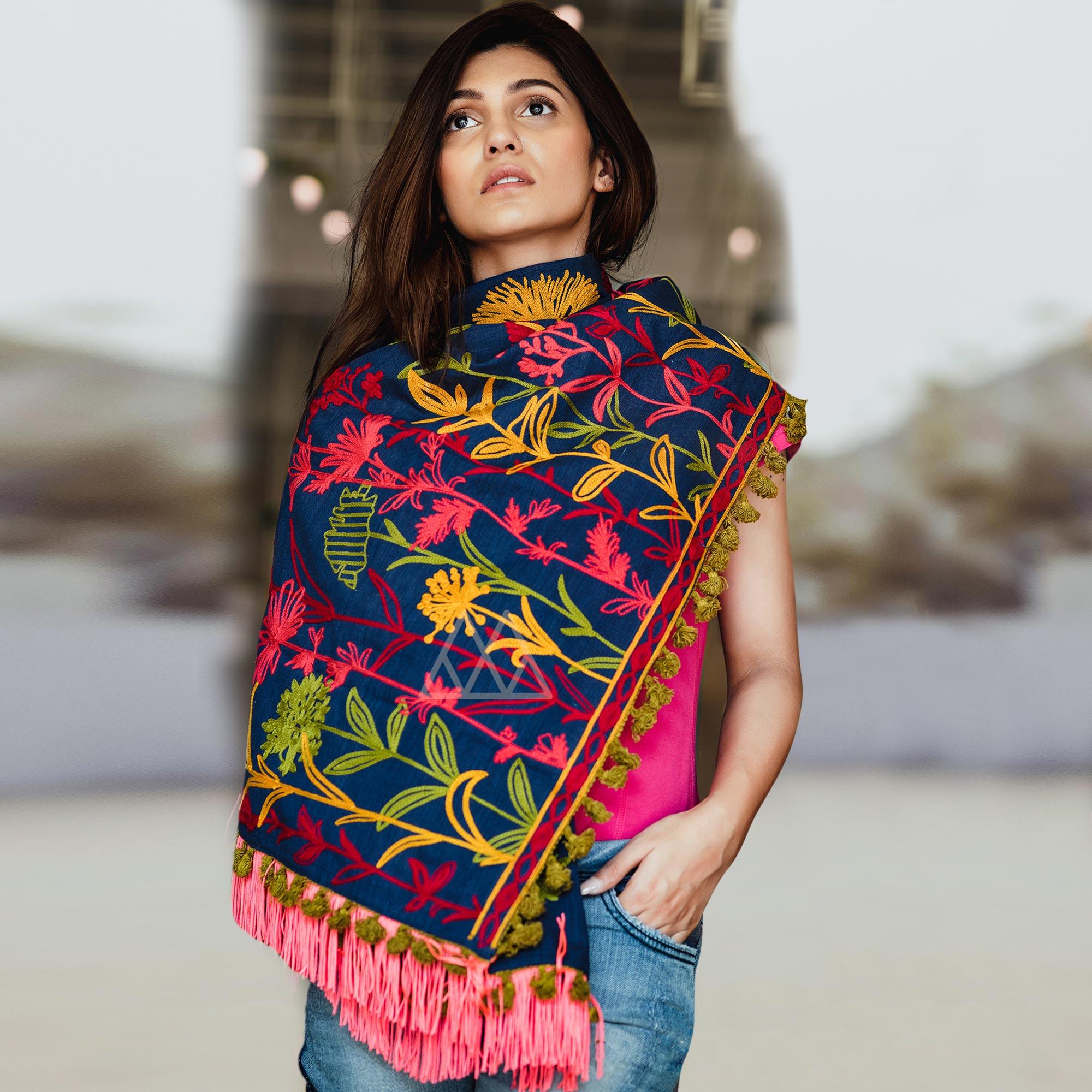 Captivating Dark Blue Colored Embroidered Khadi Muffler Stole - Peachmode